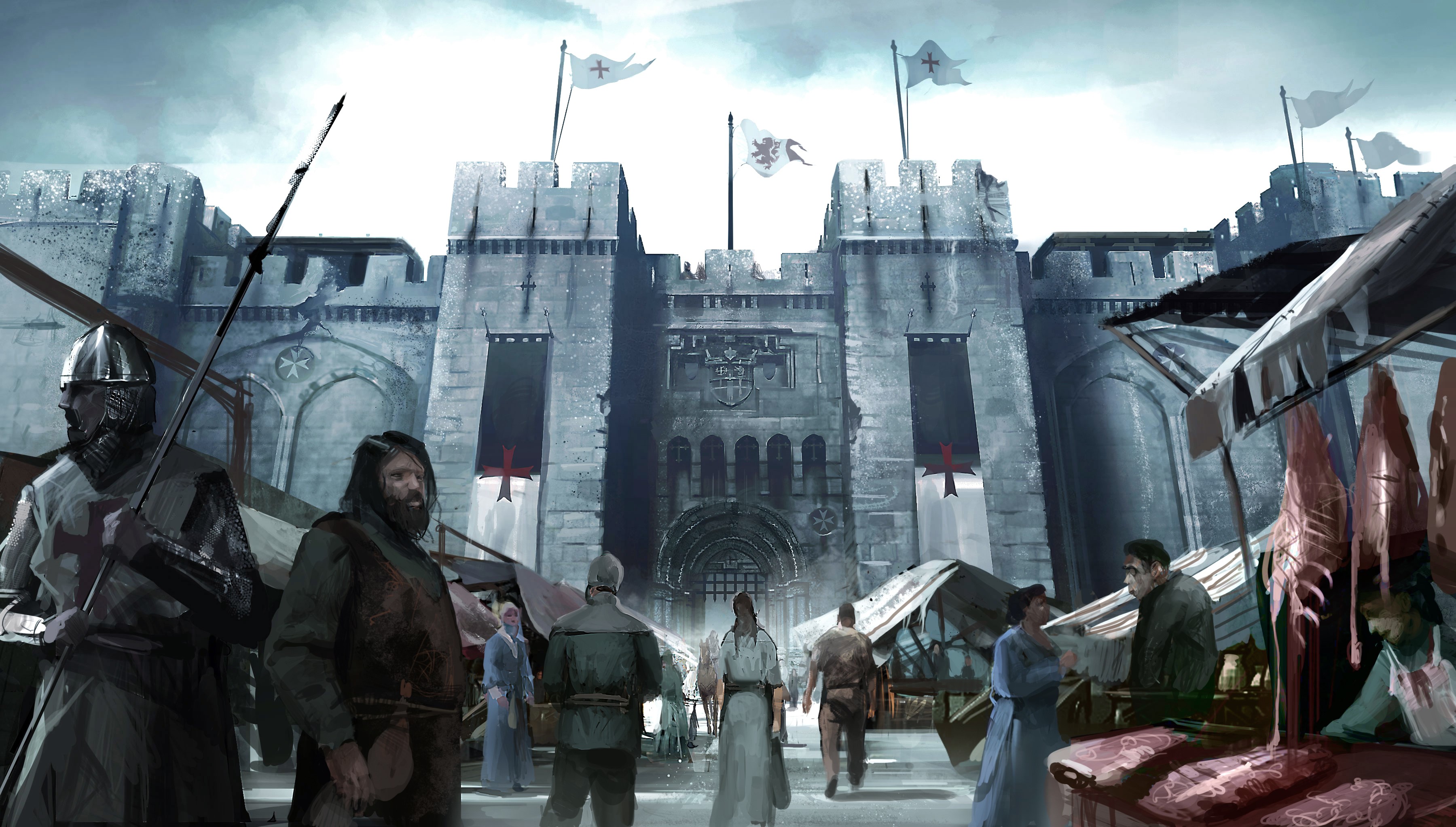 Knights Templar market outside a castle HD Wallpaper