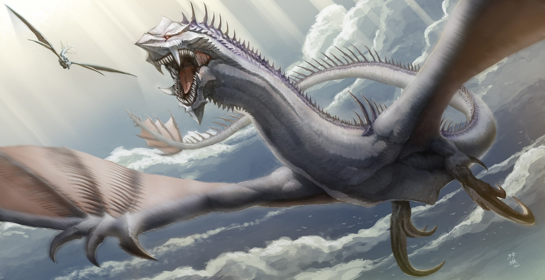 Two dragons flying in the sky HD Wallpaper