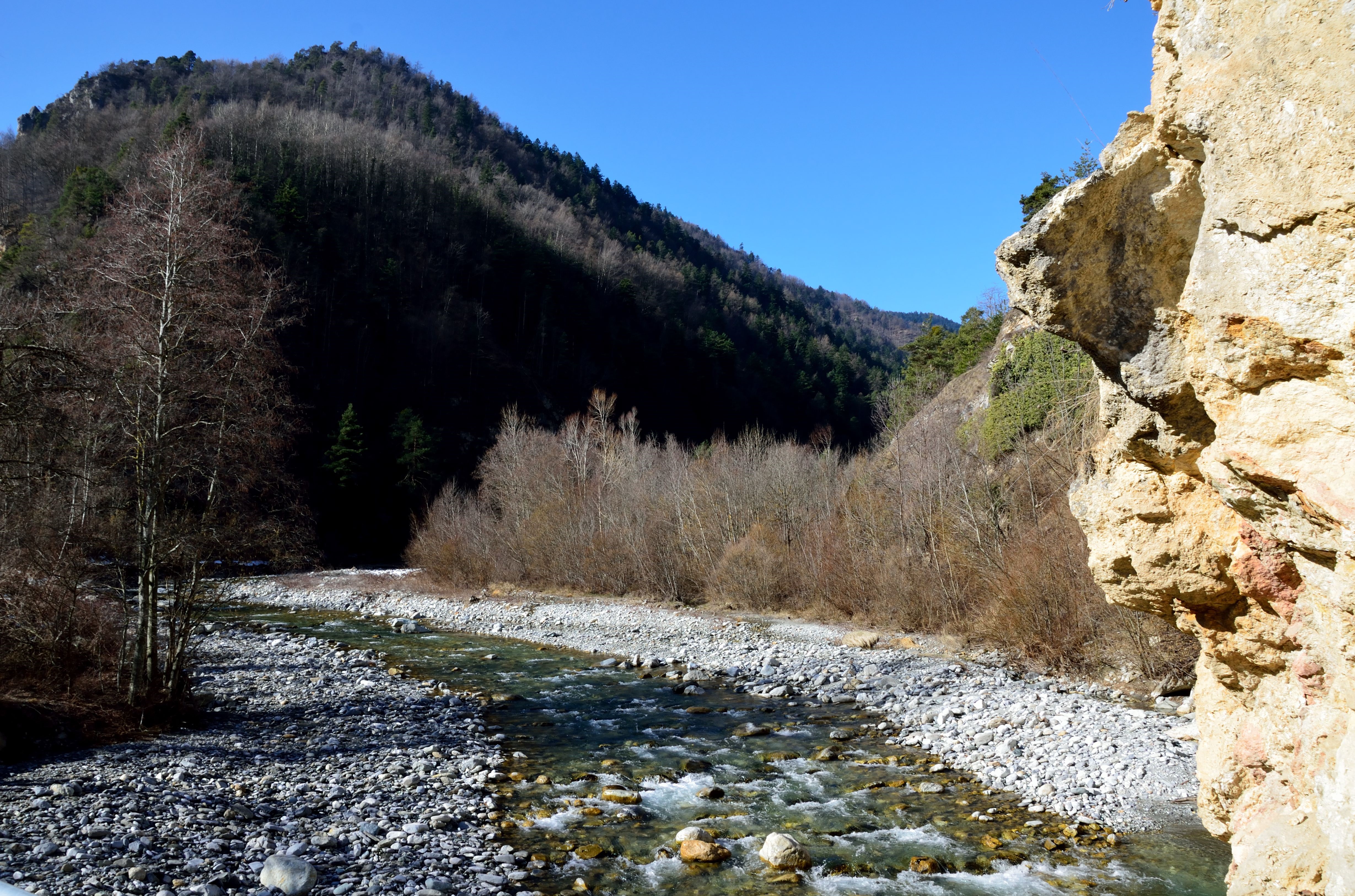 River flowing through a rocky valley with forested mountains HD Wallpaper