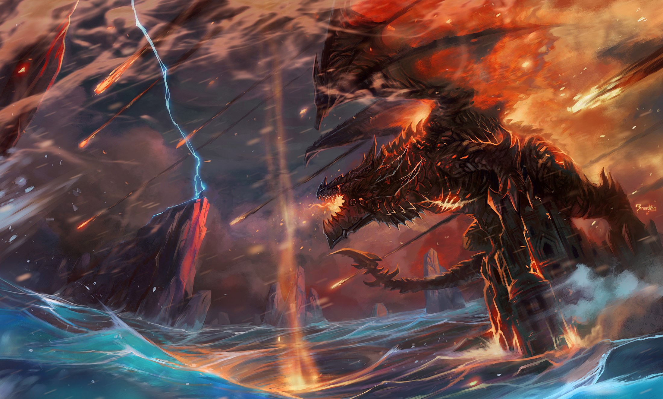 Dragon attacking a rocky island during a storm HD Wallpaper