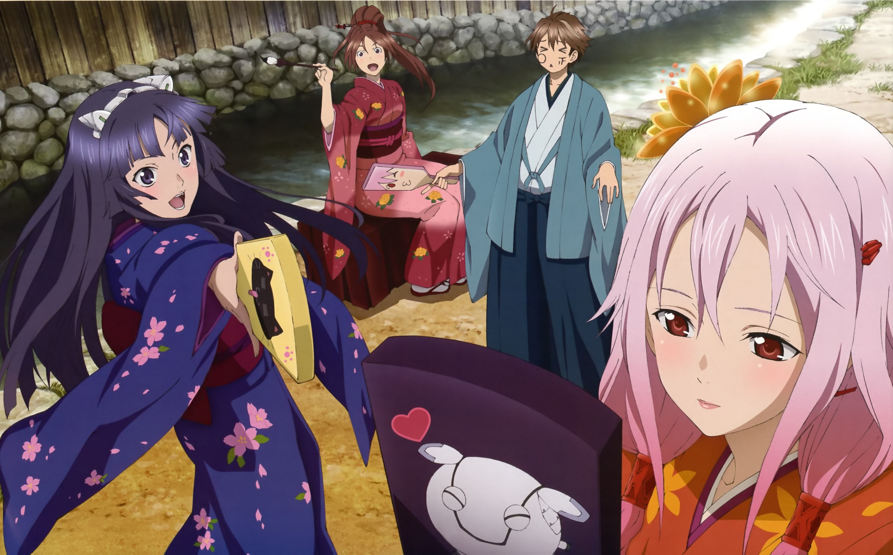 Guilty Crown characters in kimonos by a stream HD Wallpaper