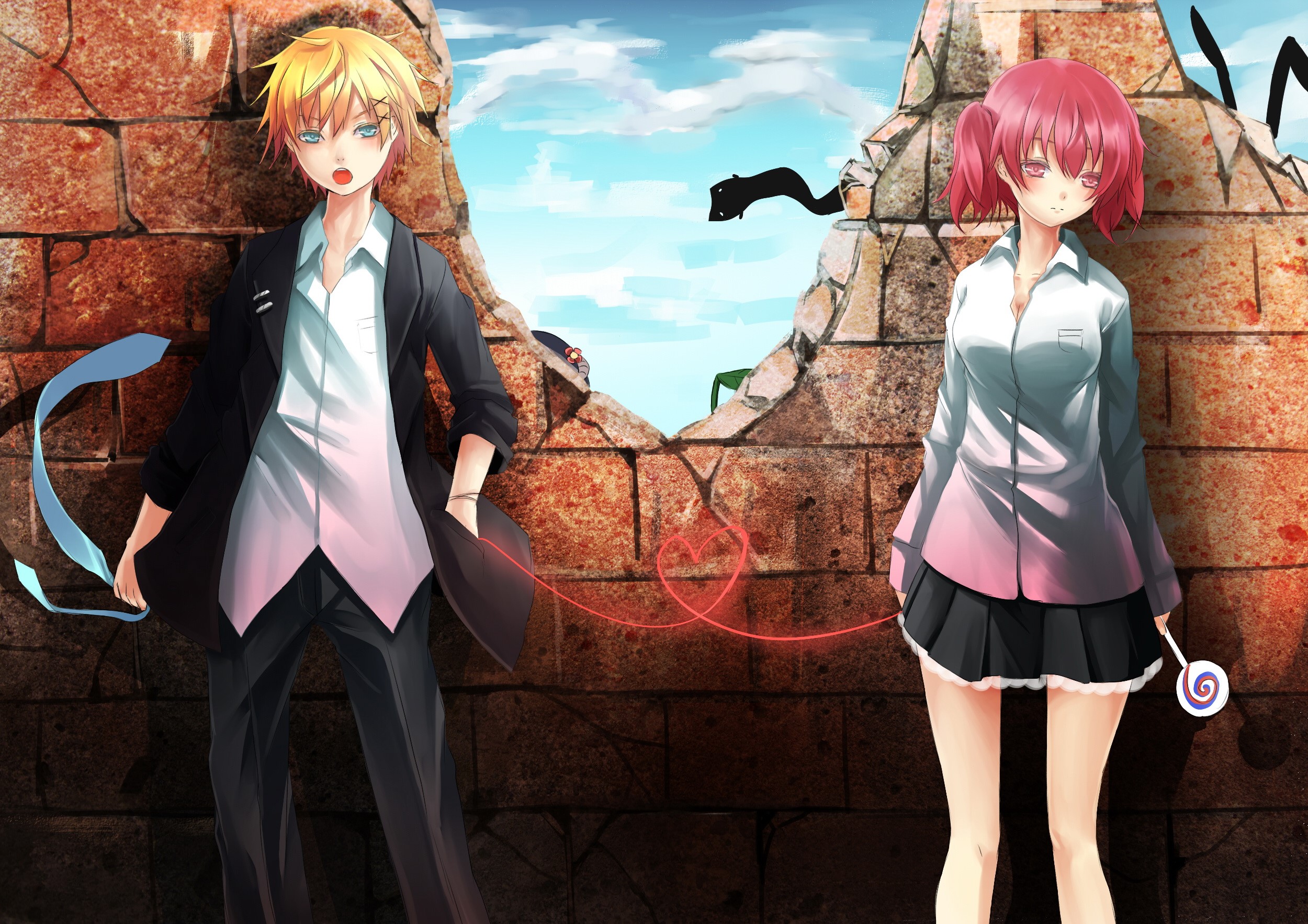 Young man and girl connected by red string HD Wallpaper