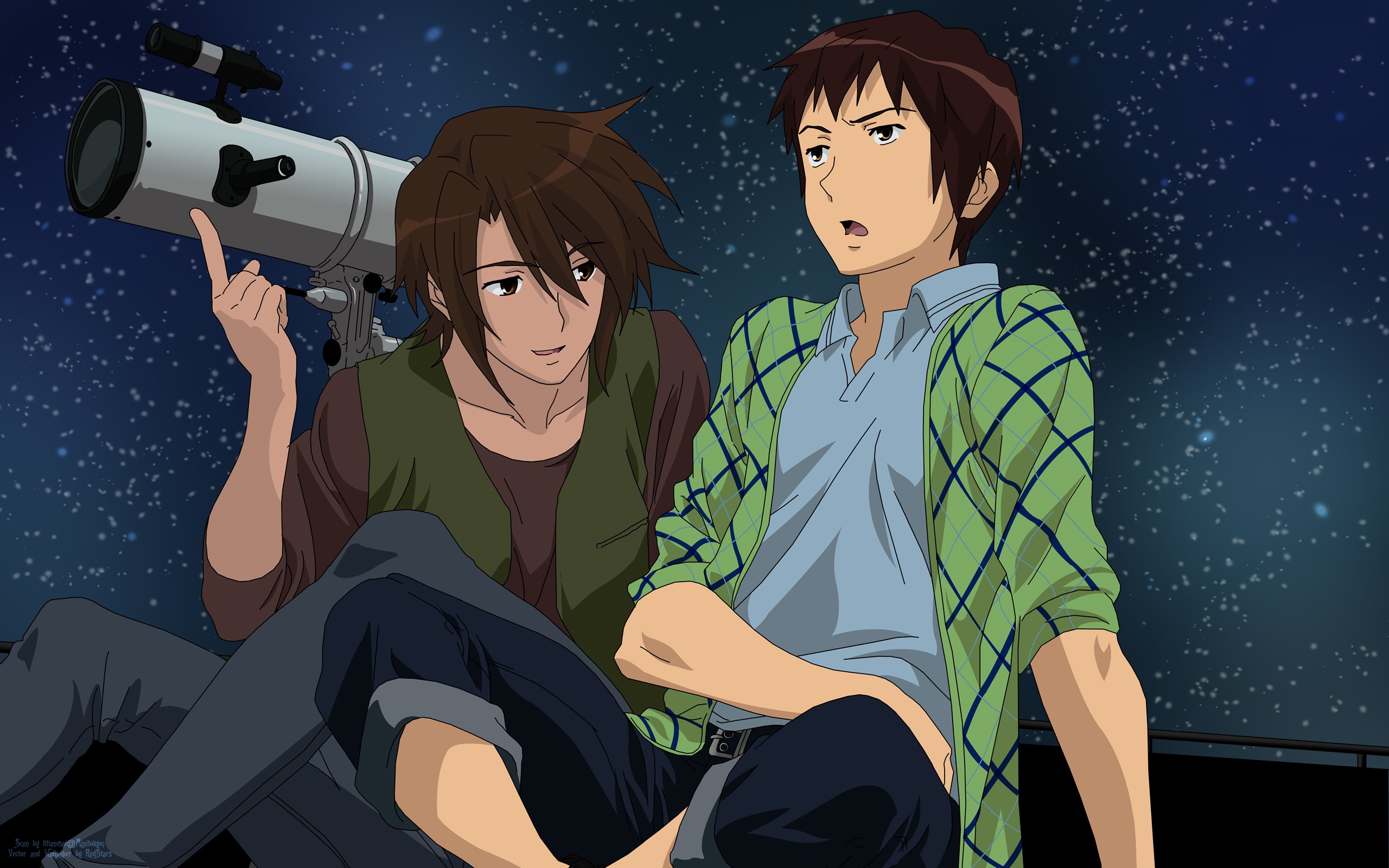 Two young men stargazing with a telescope HD Wallpaper