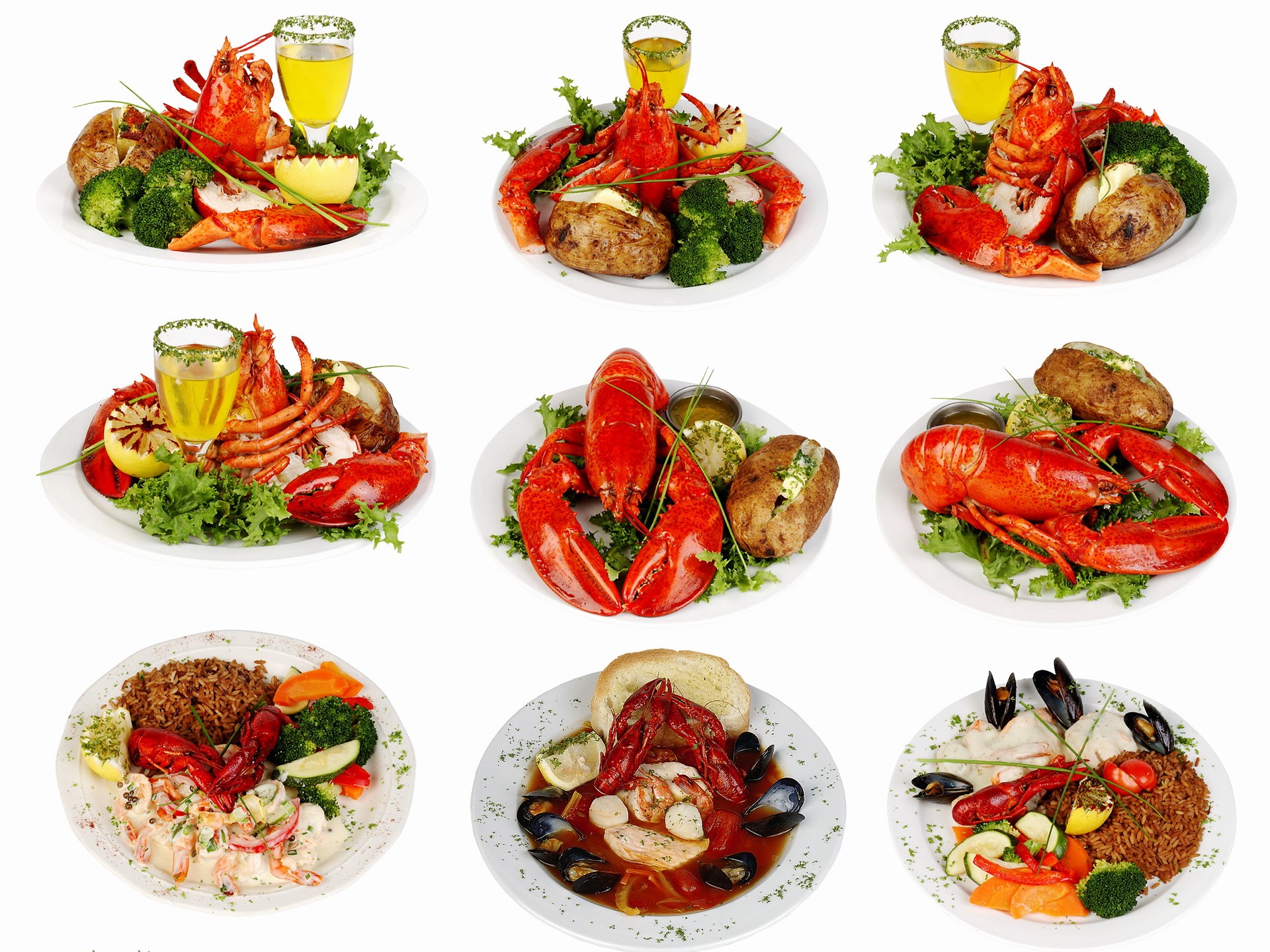 Various seafood dishes with lobster and sides HD Wallpaper