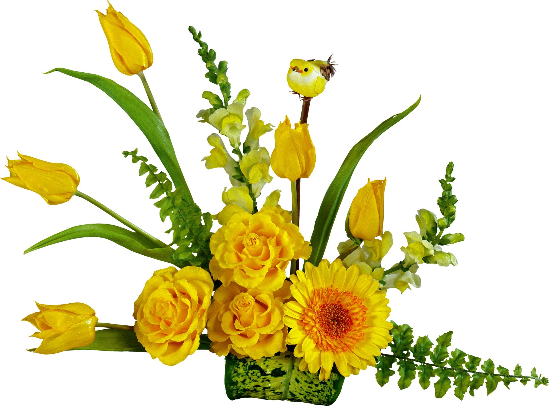 Yellow floral arrangement with a decorative bird HD Wallpaper