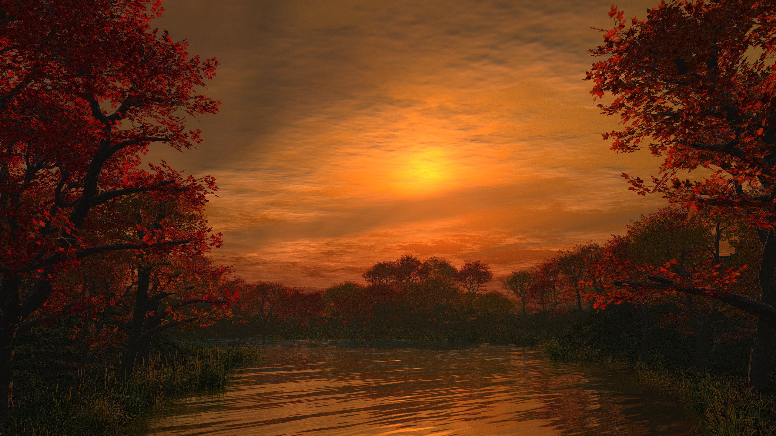 Sunset over a river with autumn trees HD Wallpaper