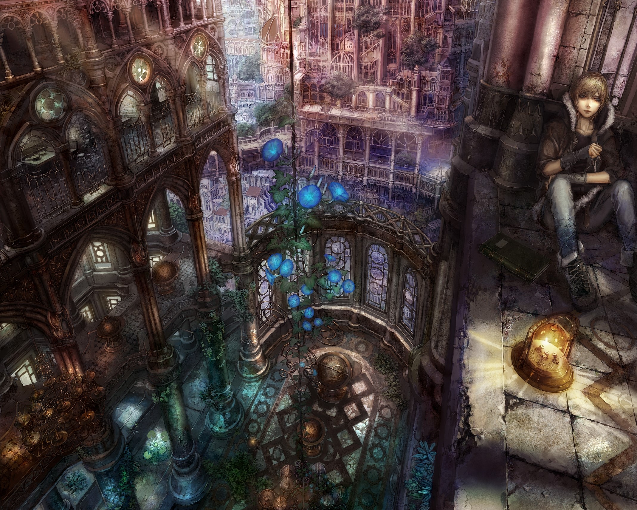 Young person sitting in a fantastical city HD Wallpaper