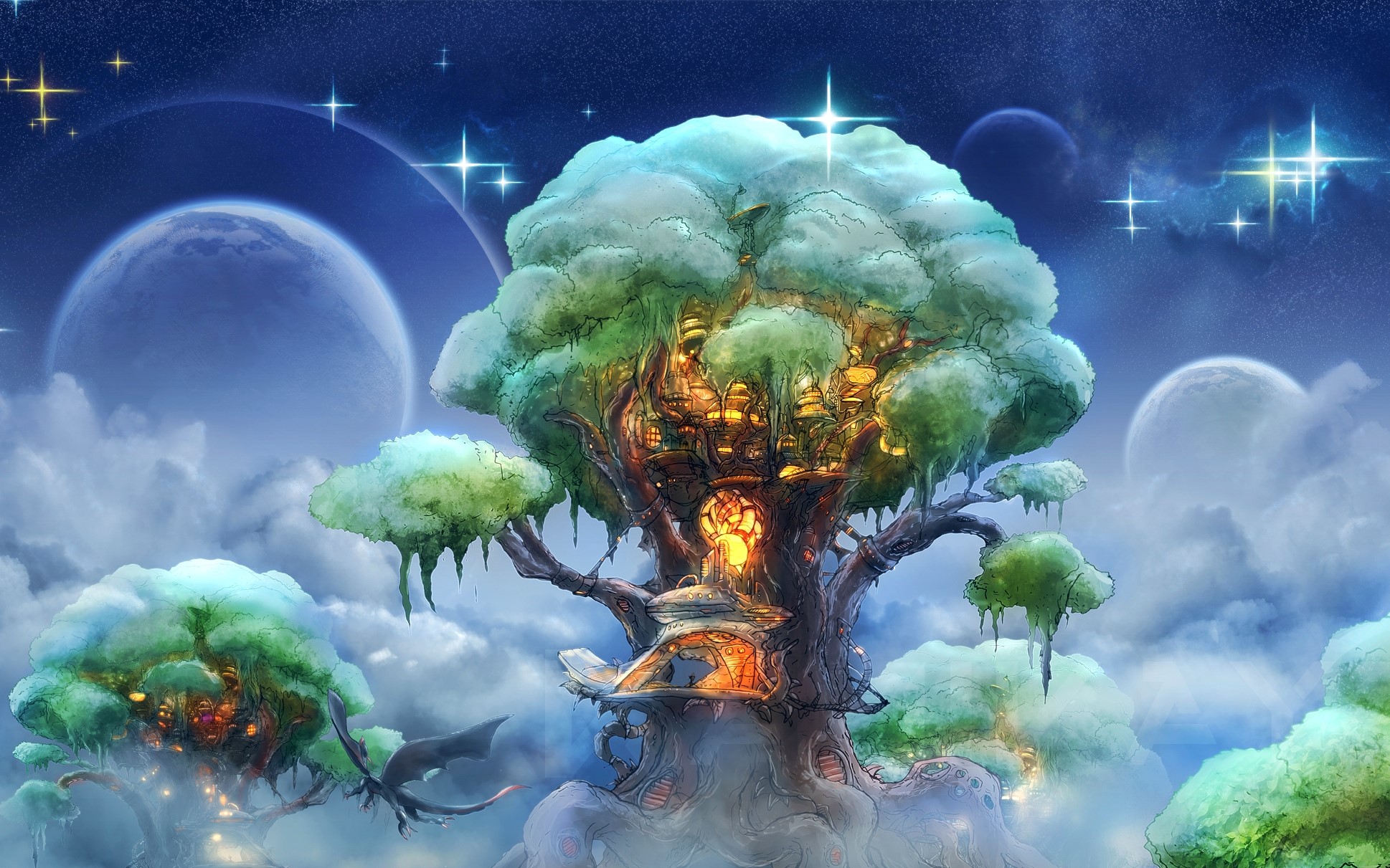 Fantasy tree city in the clouds with planets HD Wallpaper