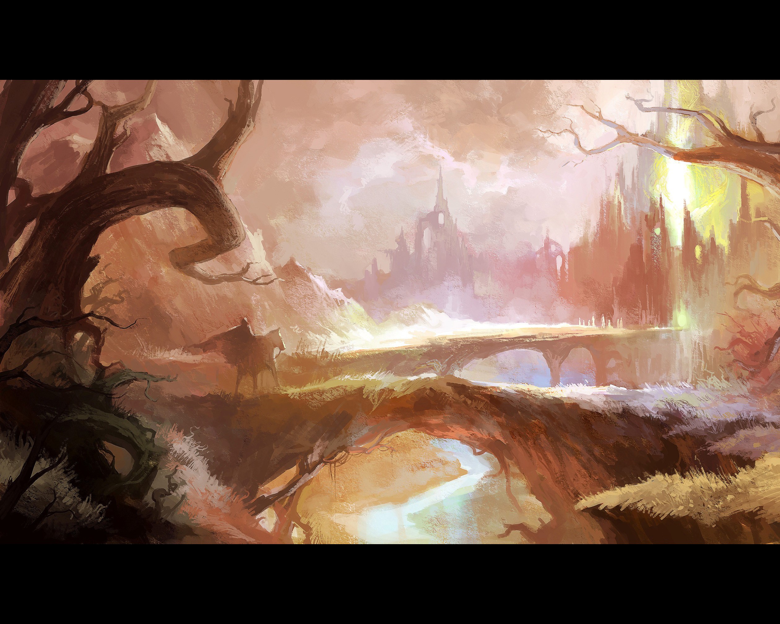Fantasy landscape with a castle and a rider HD Wallpaper