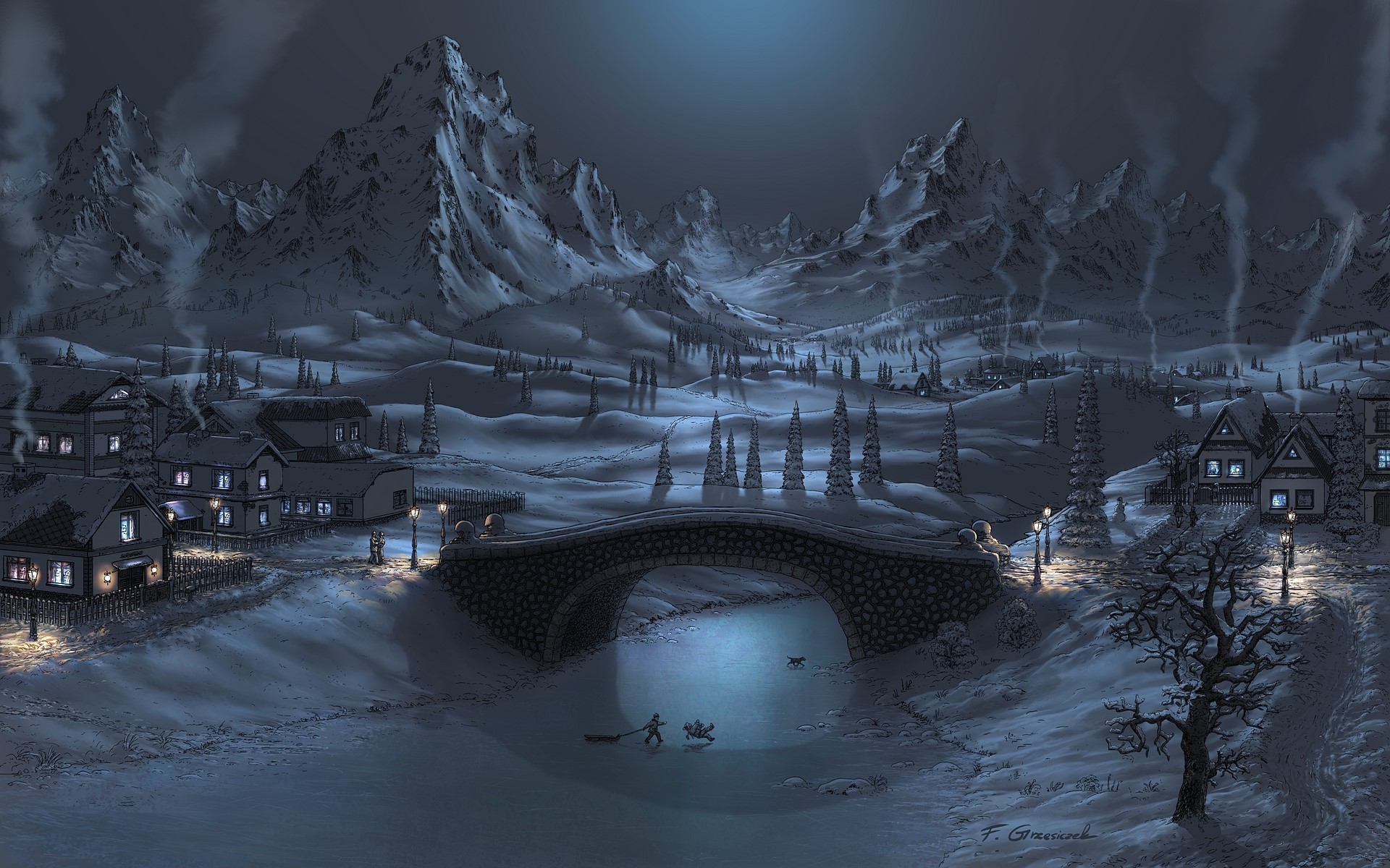 Winter village with snow-capped mountains and a bridge over a frozen river HD Wallpaper