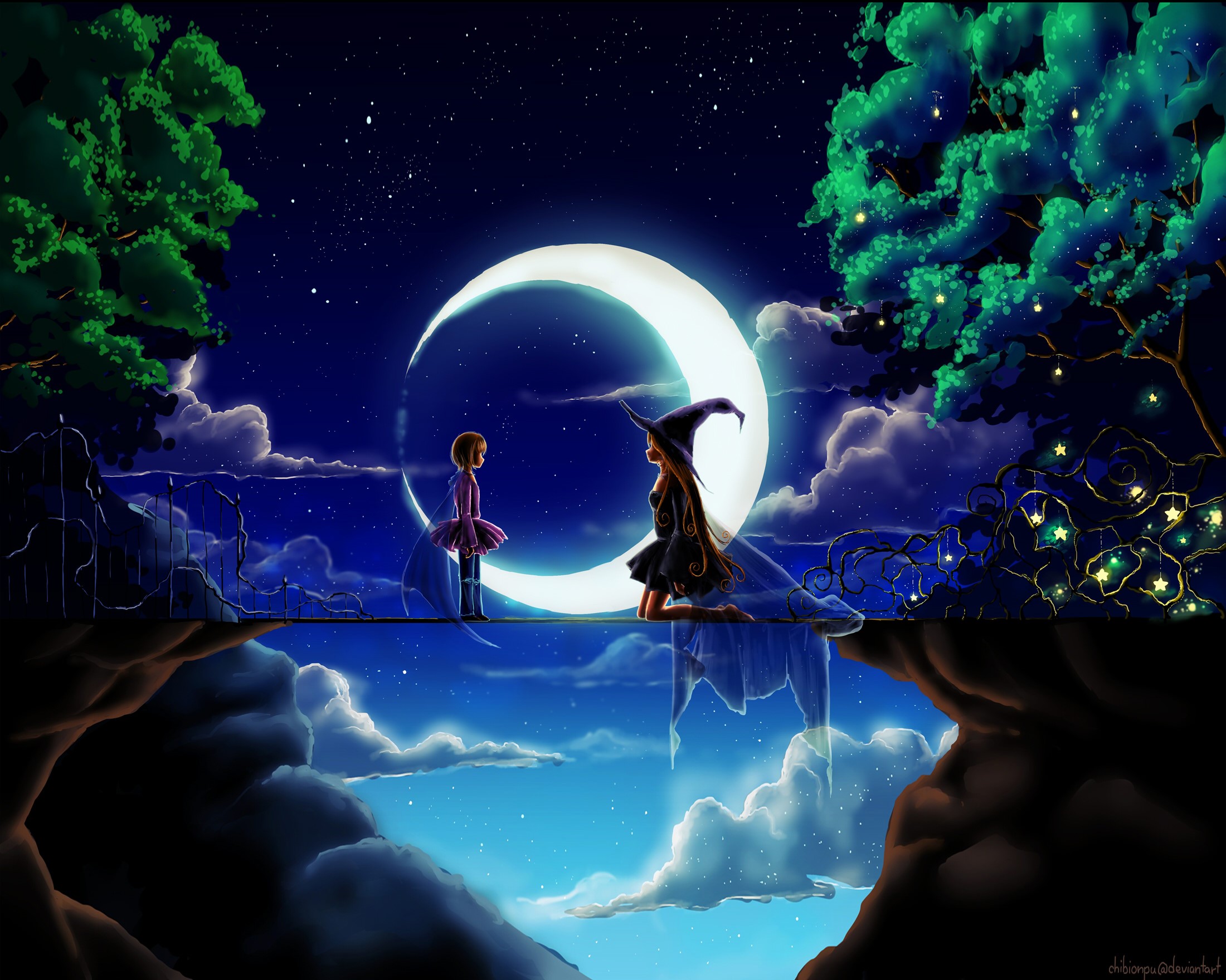 Two girls on a bridge under a crescent moon HD Wallpaper
