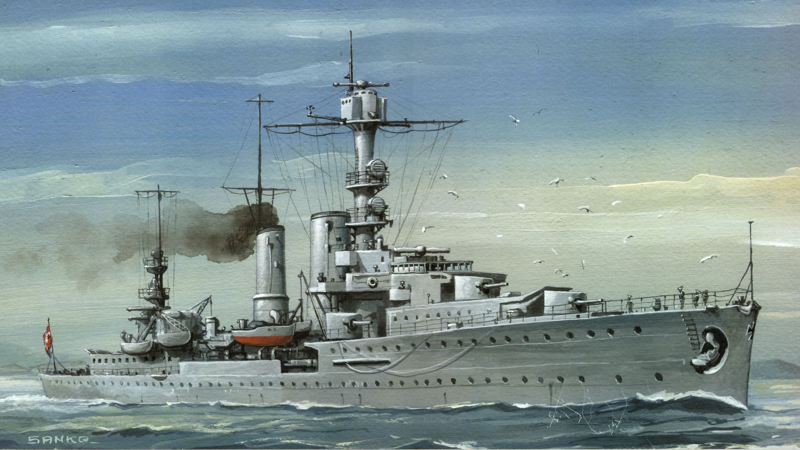 Painting of a Battleship Sailing on the Ocean HD Wallpaper