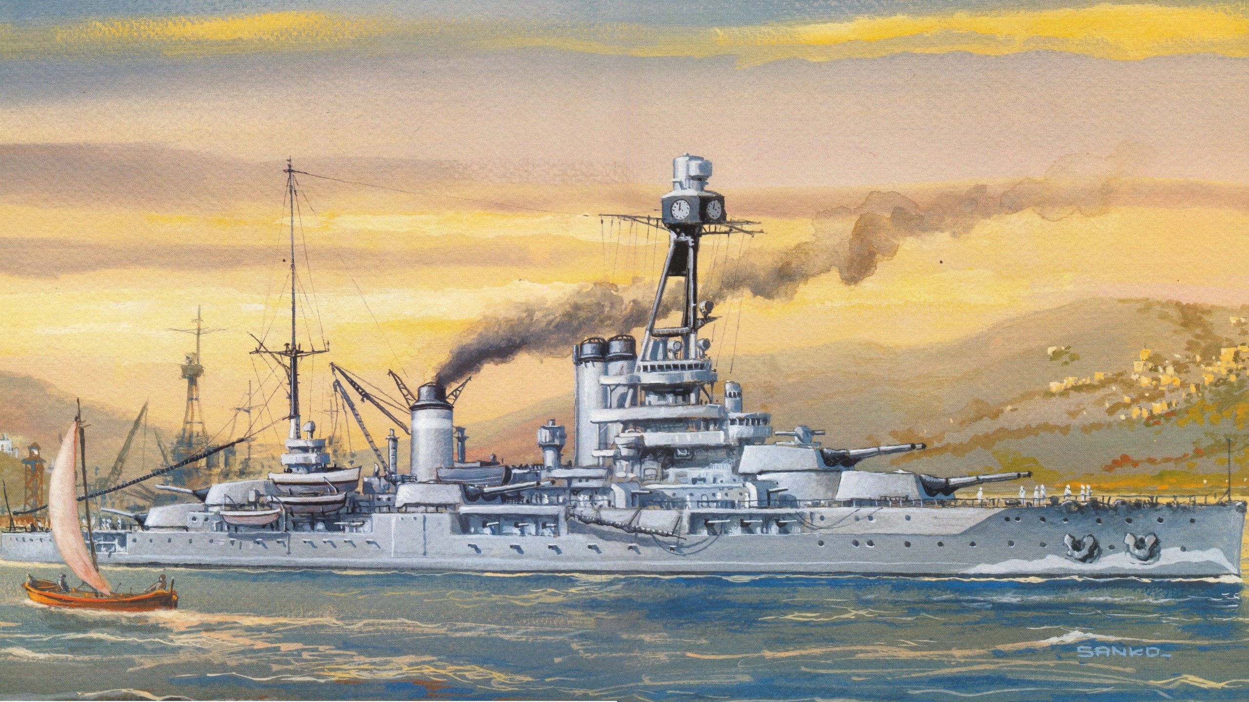 Painting of a Battleship and Sailboat at Sunset HD Wallpaper