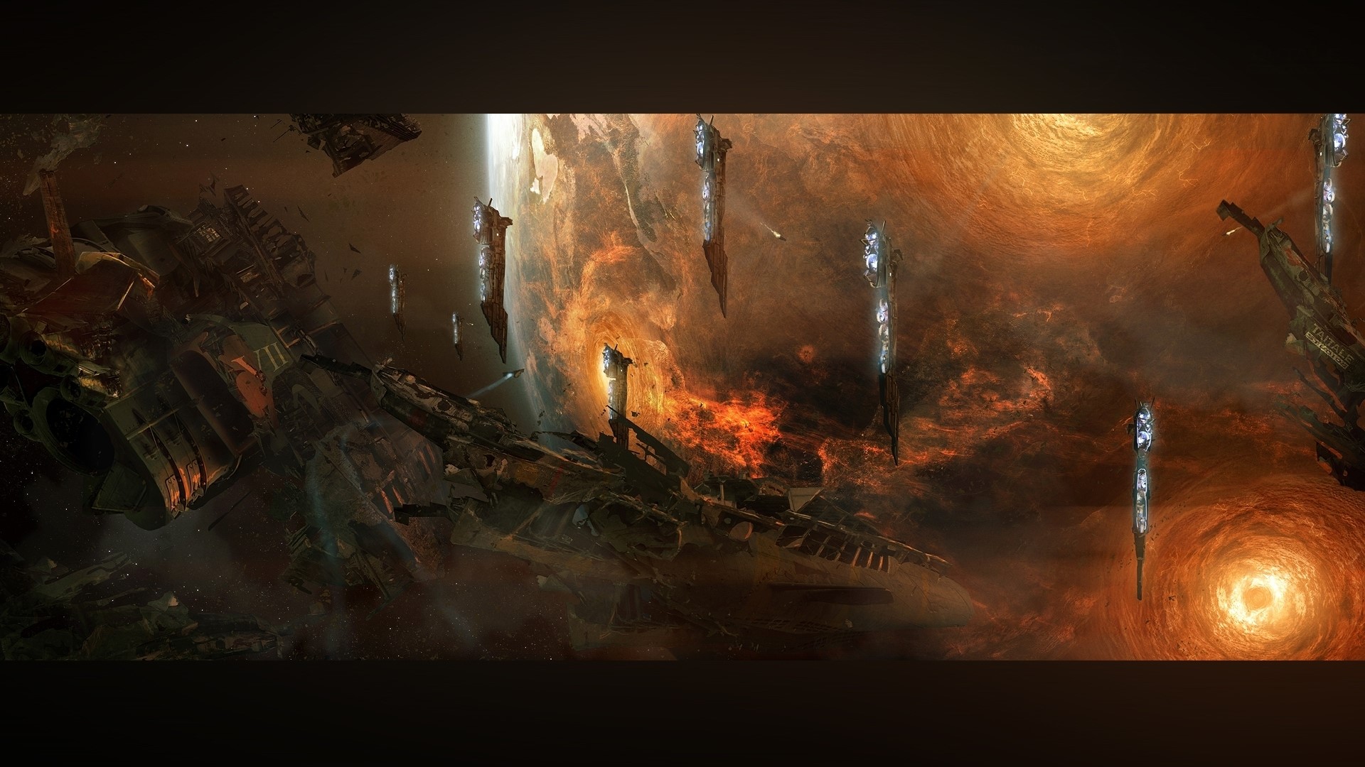 Spaceships in a fiery cosmic landscape HD Wallpaper