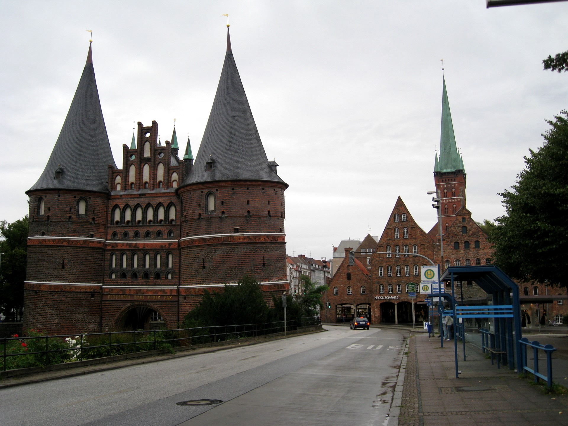 Holstentor Gate and St Mary's Church in Lubeck, Germany HD Wallpaper