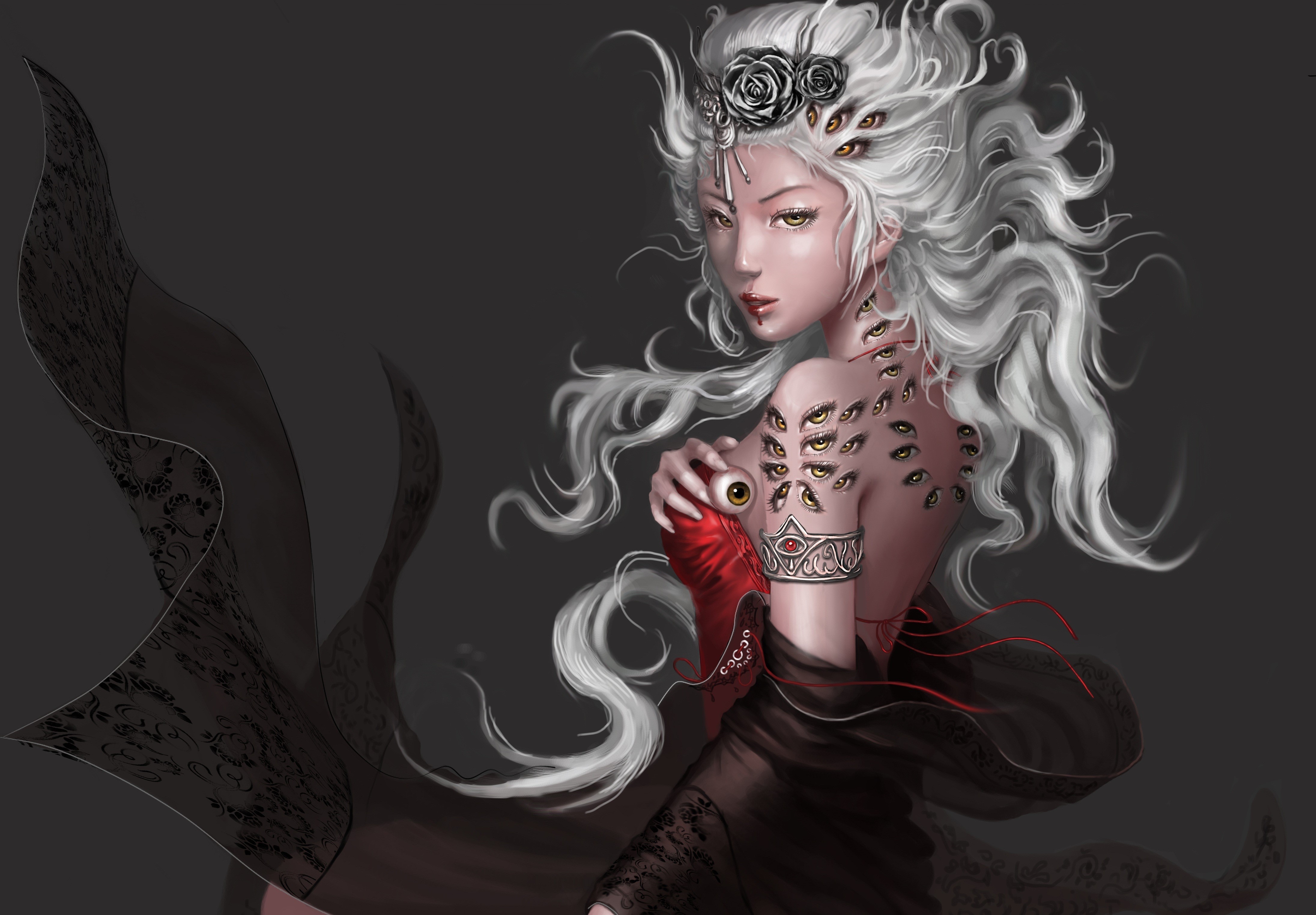 Woman with many eyes and white hair HD Wallpaper