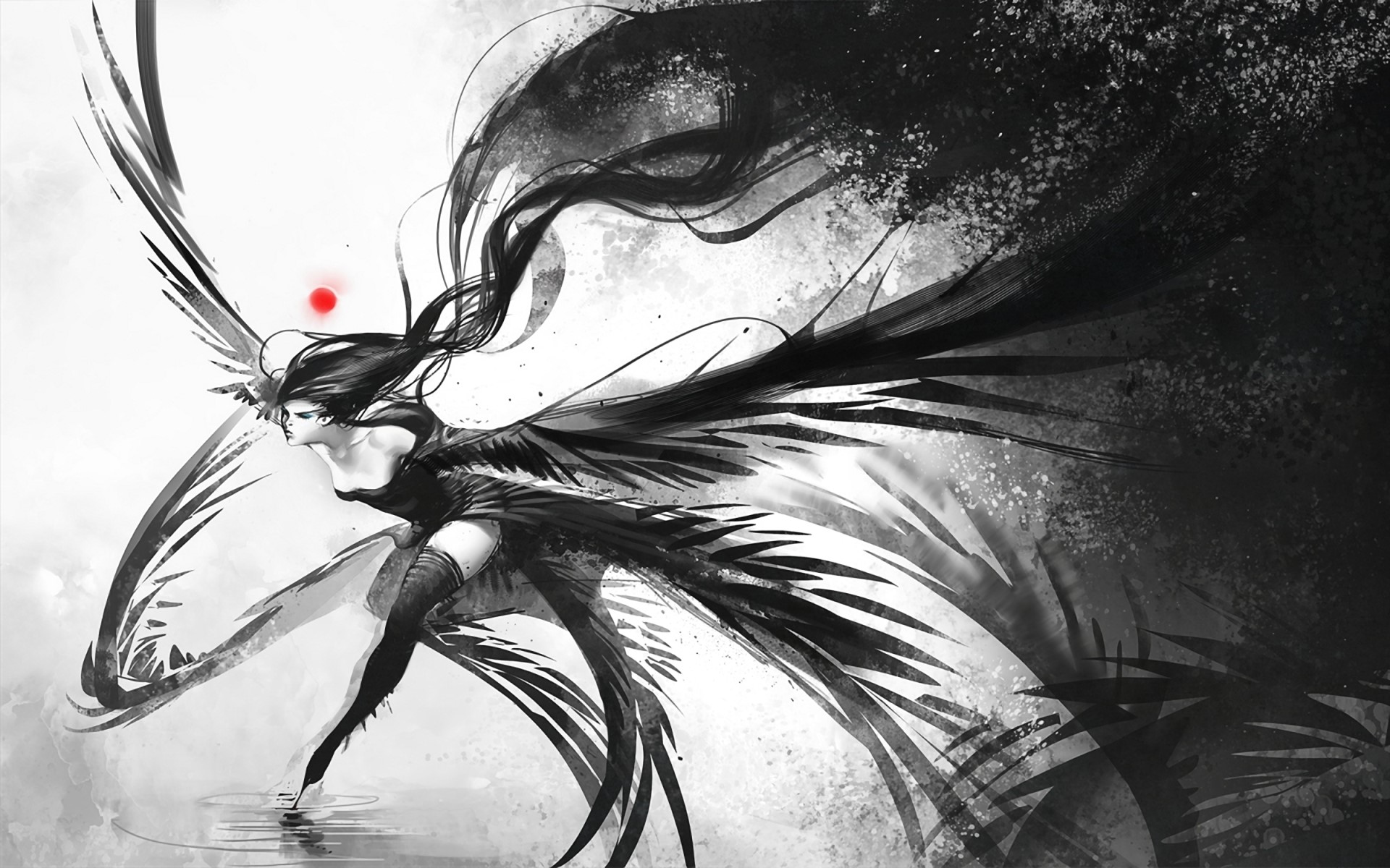 Black winged woman with red dot above her head HD Wallpaper