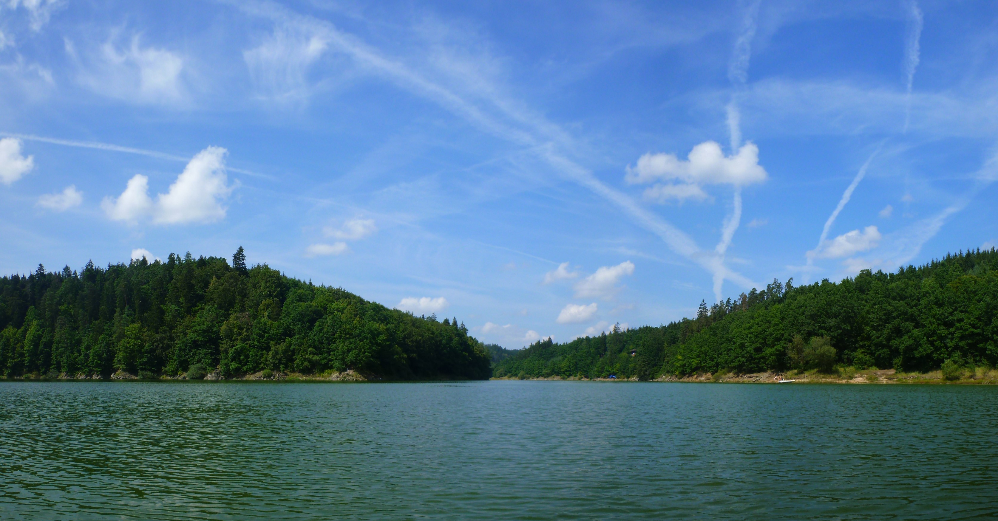 Lake surrounded by green forest under a blue sky HD Wallpaper