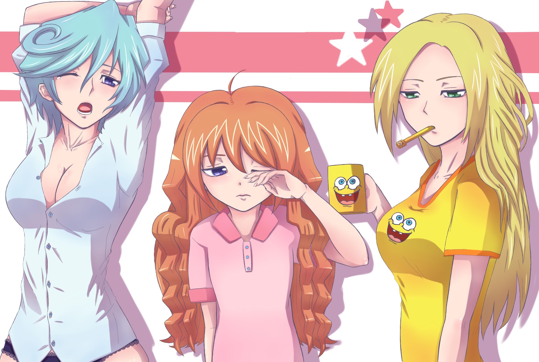 3 girls in pajamas with Spongebob cup HD Wallpaper