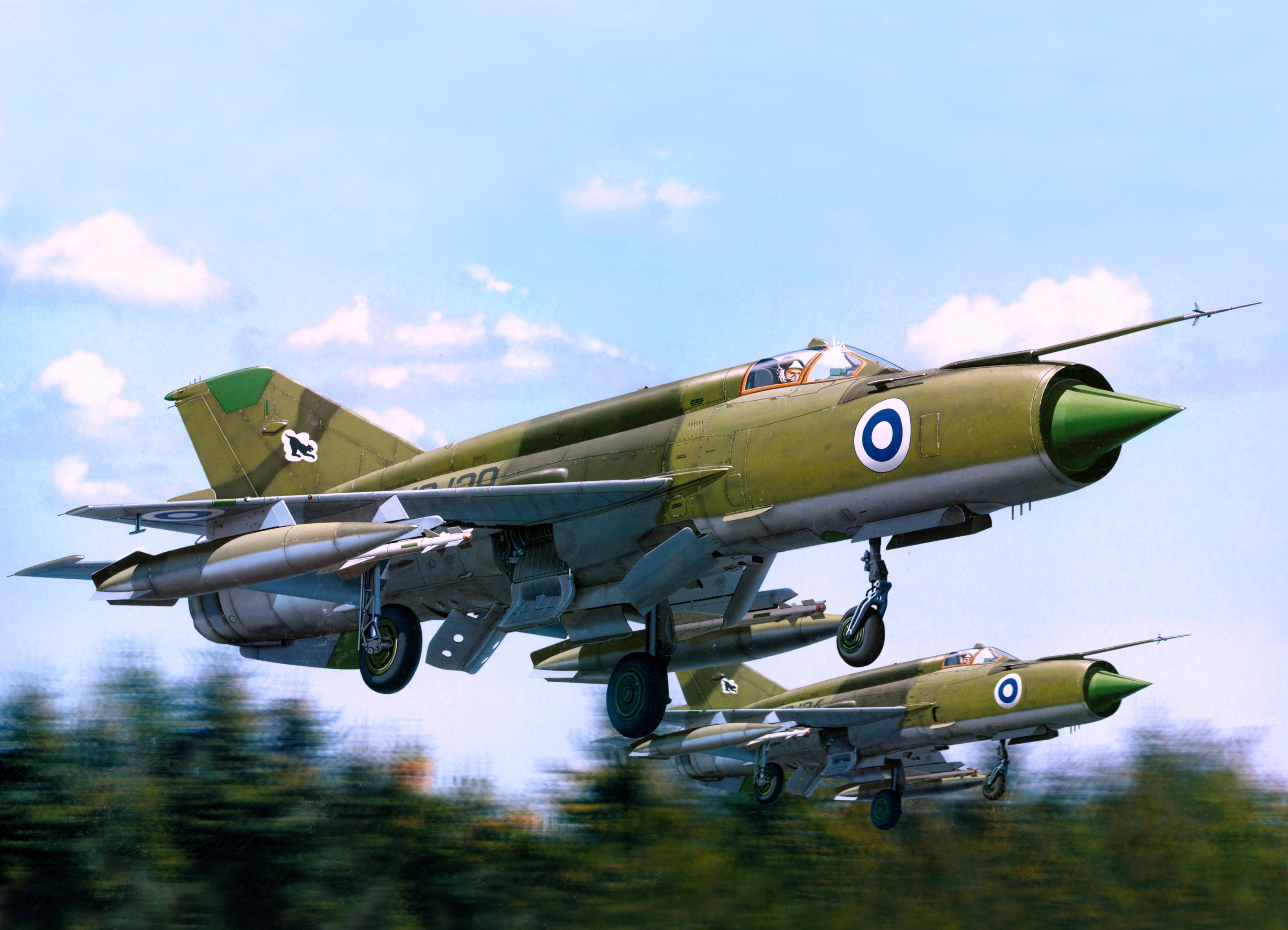Two green fighter jets in flight HD Wallpaper