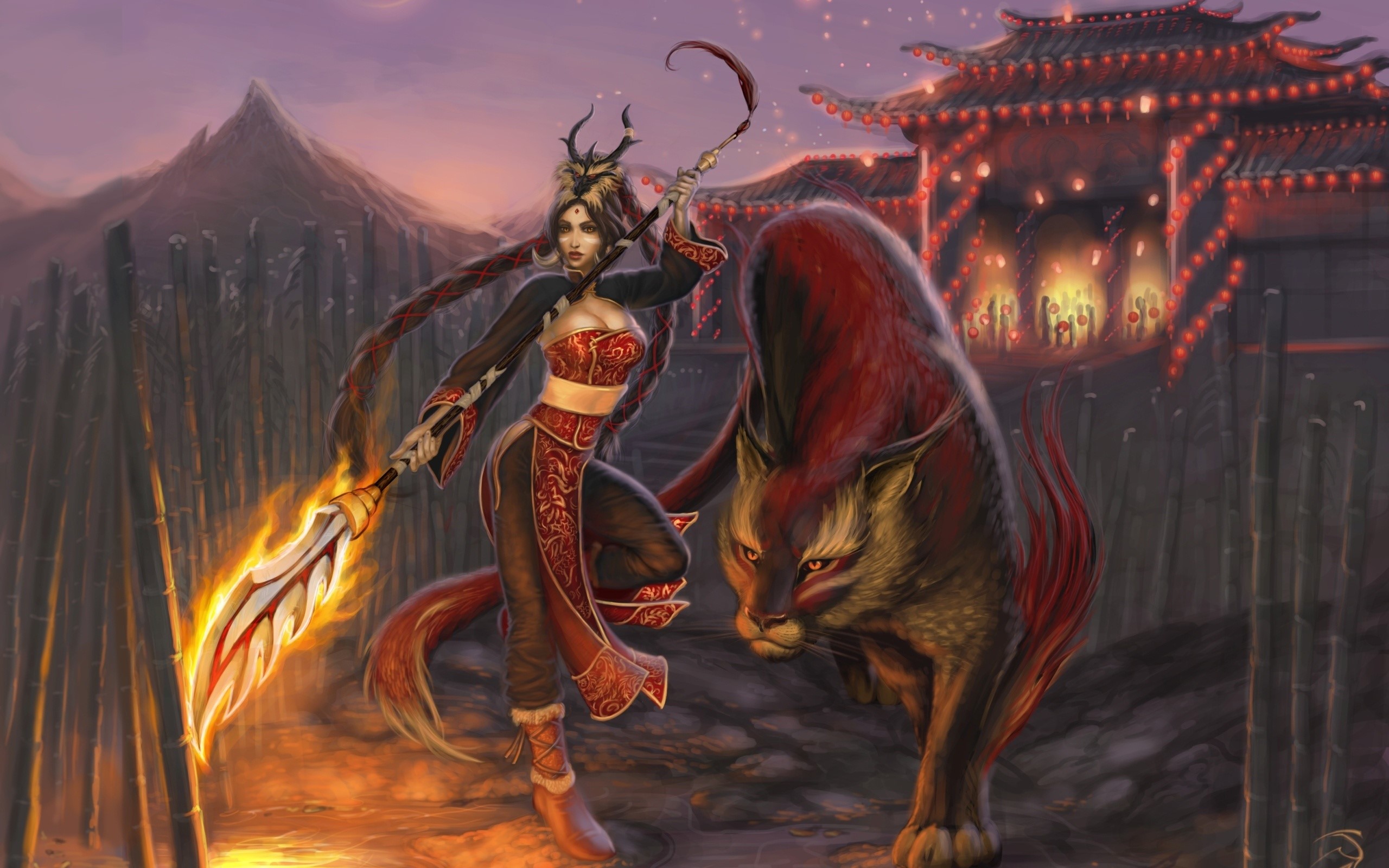 Warrior woman with flaming spear and tiger companion HD Wallpaper