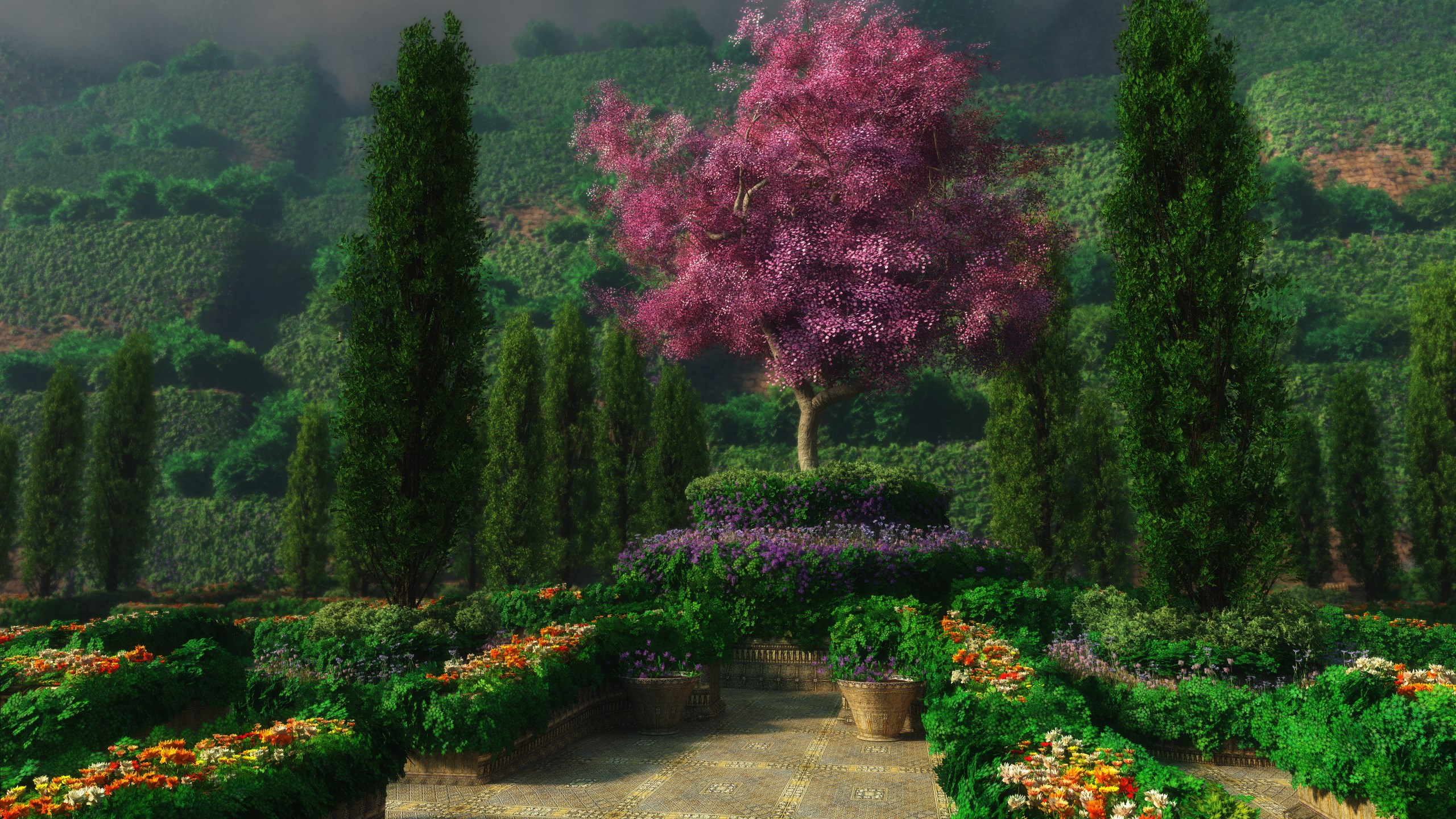 A formal garden with a pink flowering tree and manicured hedges HD Wallpaper