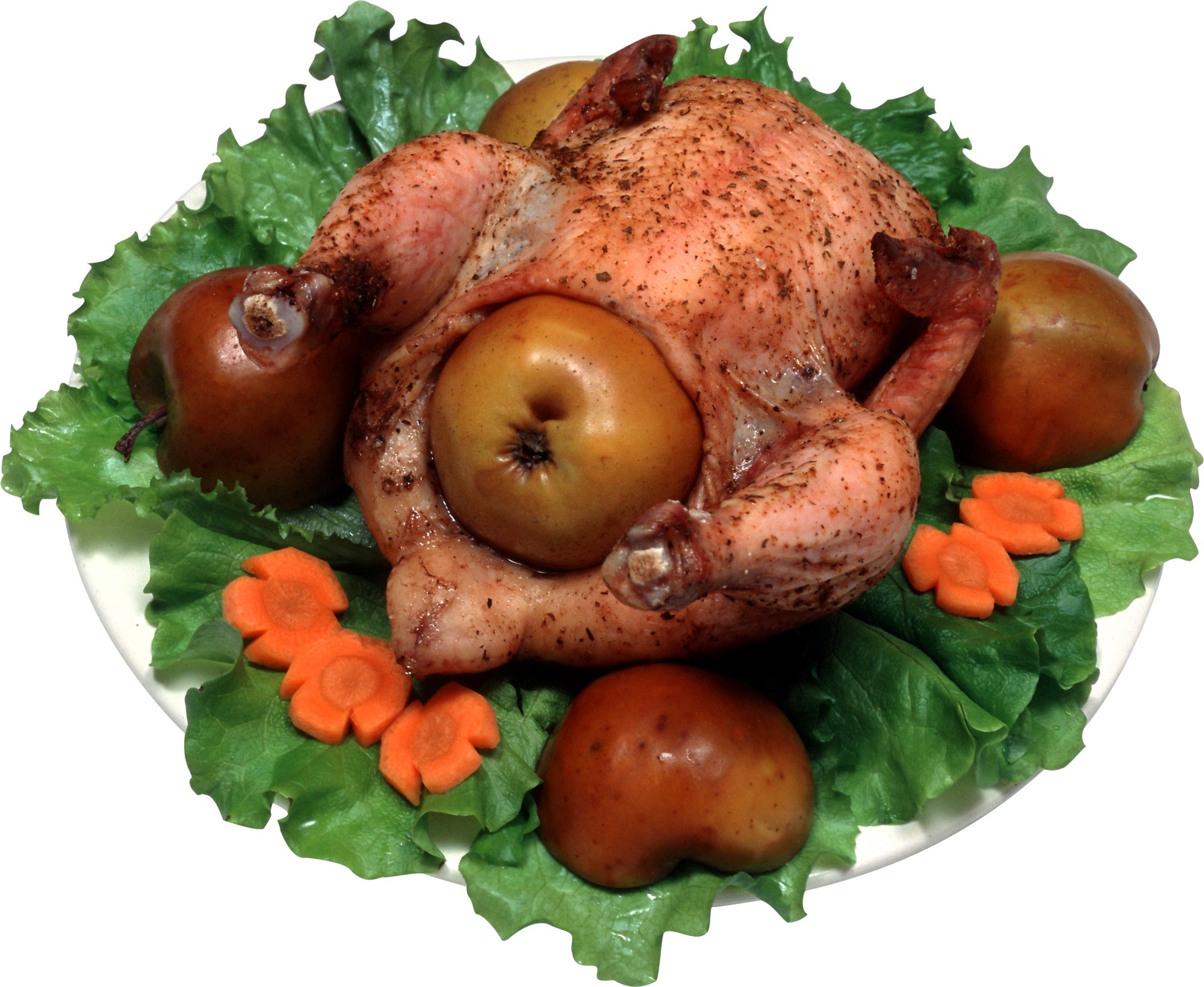Roast chicken with apples and carrots on a platter HD Wallpaper
