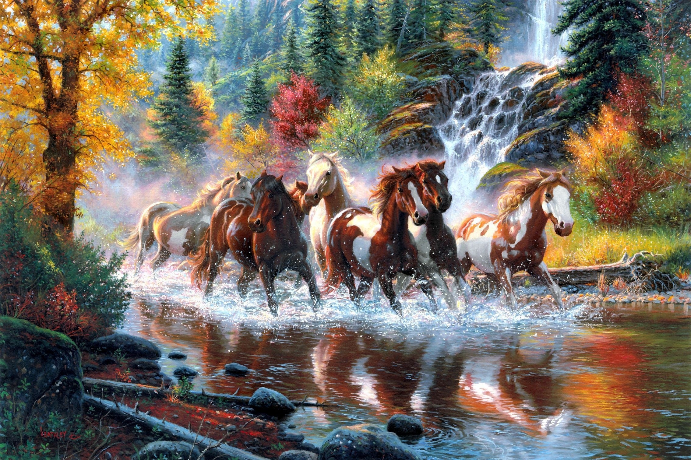 Horses running through a stream in a forest HD Wallpaper