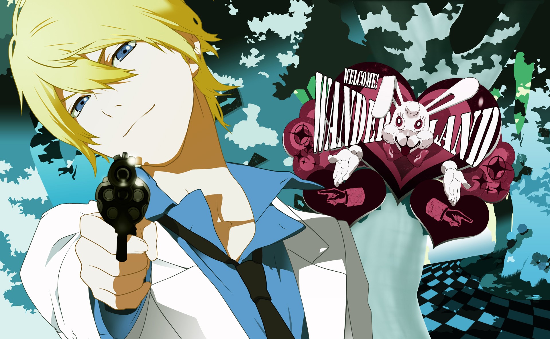Young man with gun and Wonderland rabbit HD Wallpaper