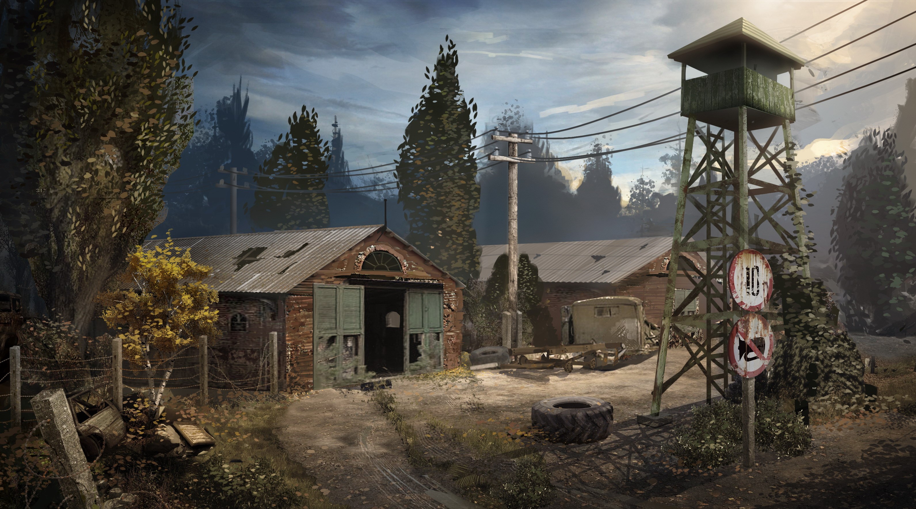 Abandoned industrial site with watchtower and buildings HD Wallpaper