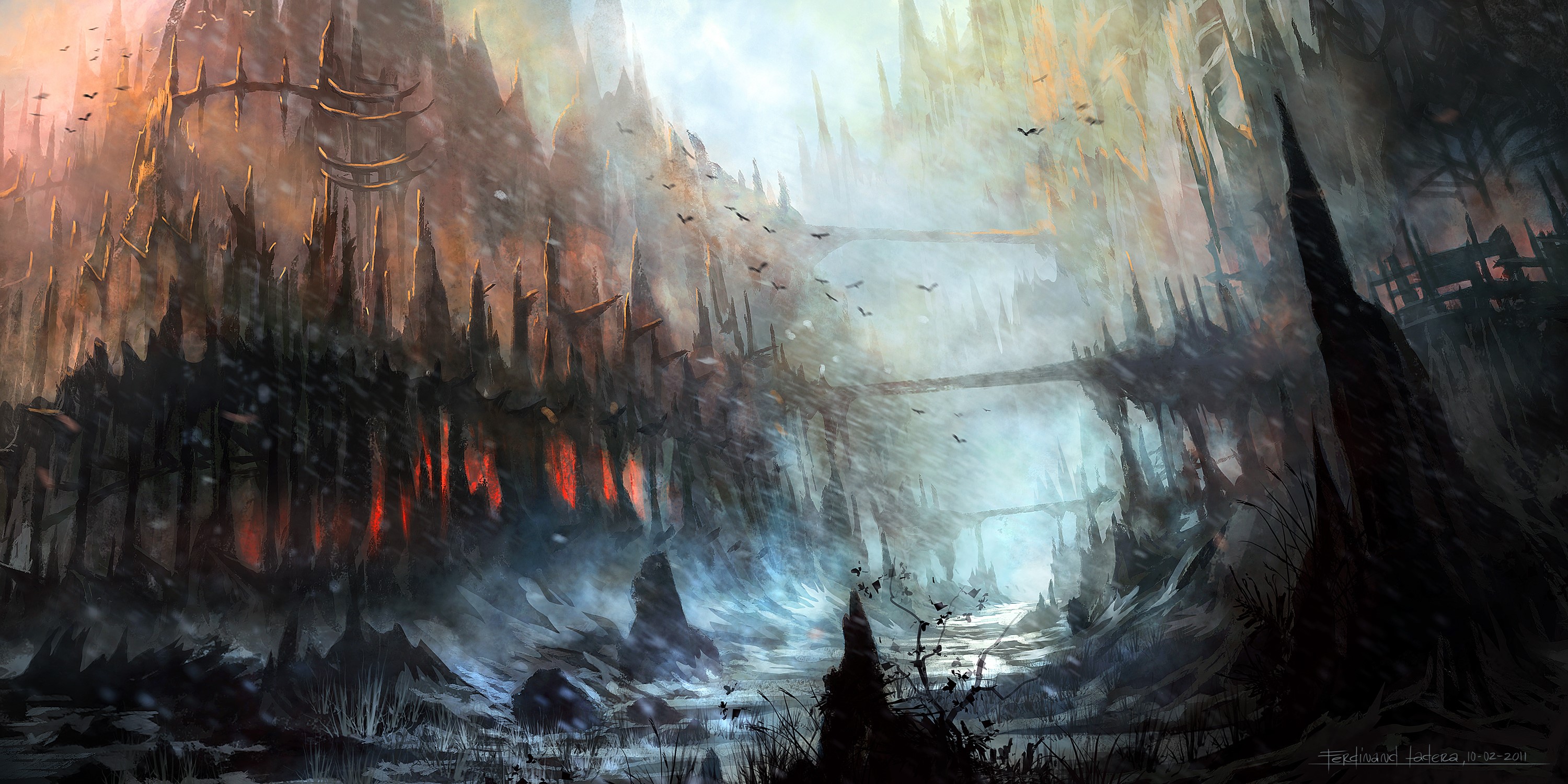 A dark fantasy landscape with bridges and flying creatures HD Wallpaper