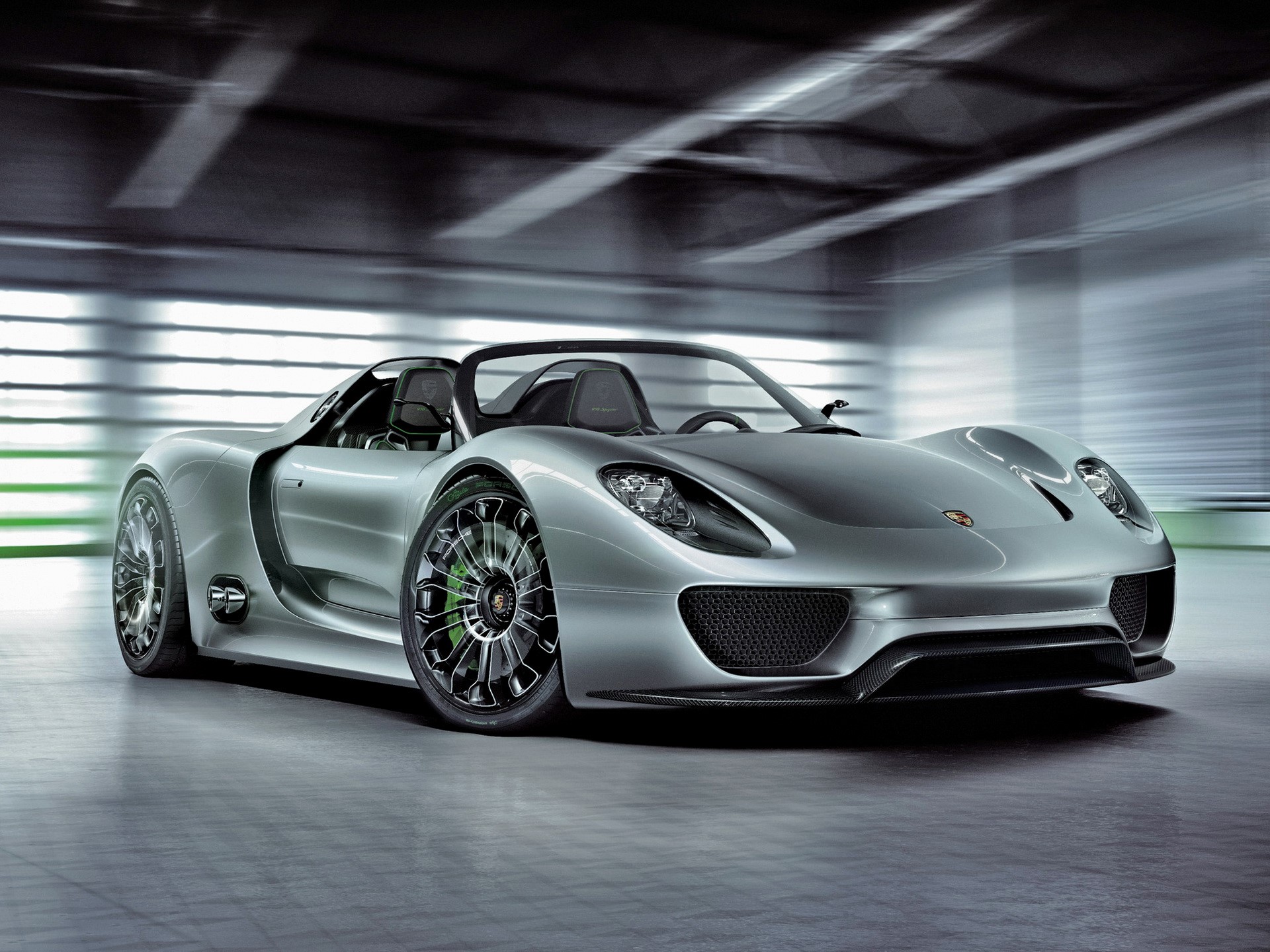 Silver Porsche 918 Spyder in a Garage HD Wallpaper