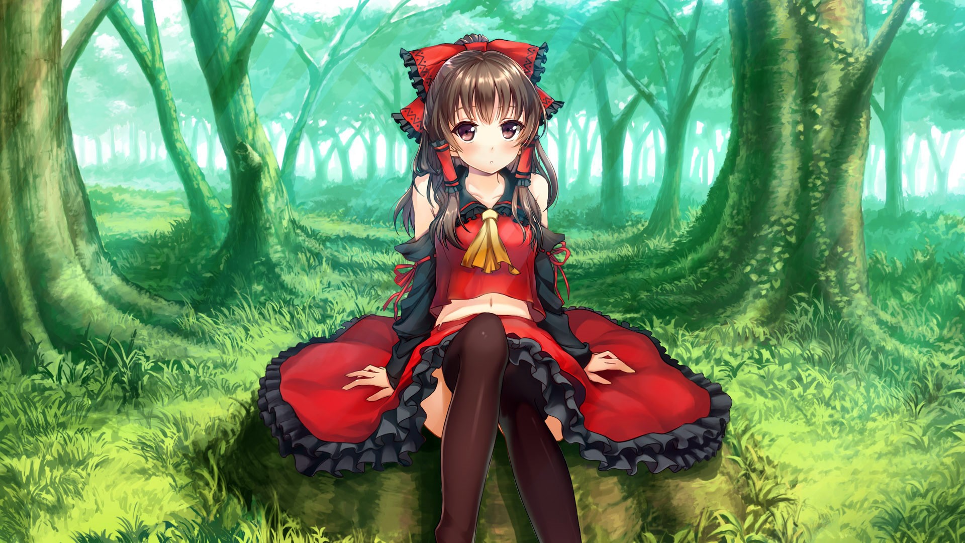 Reimu Hakurei from Touhou Project in a forest HD Wallpaper