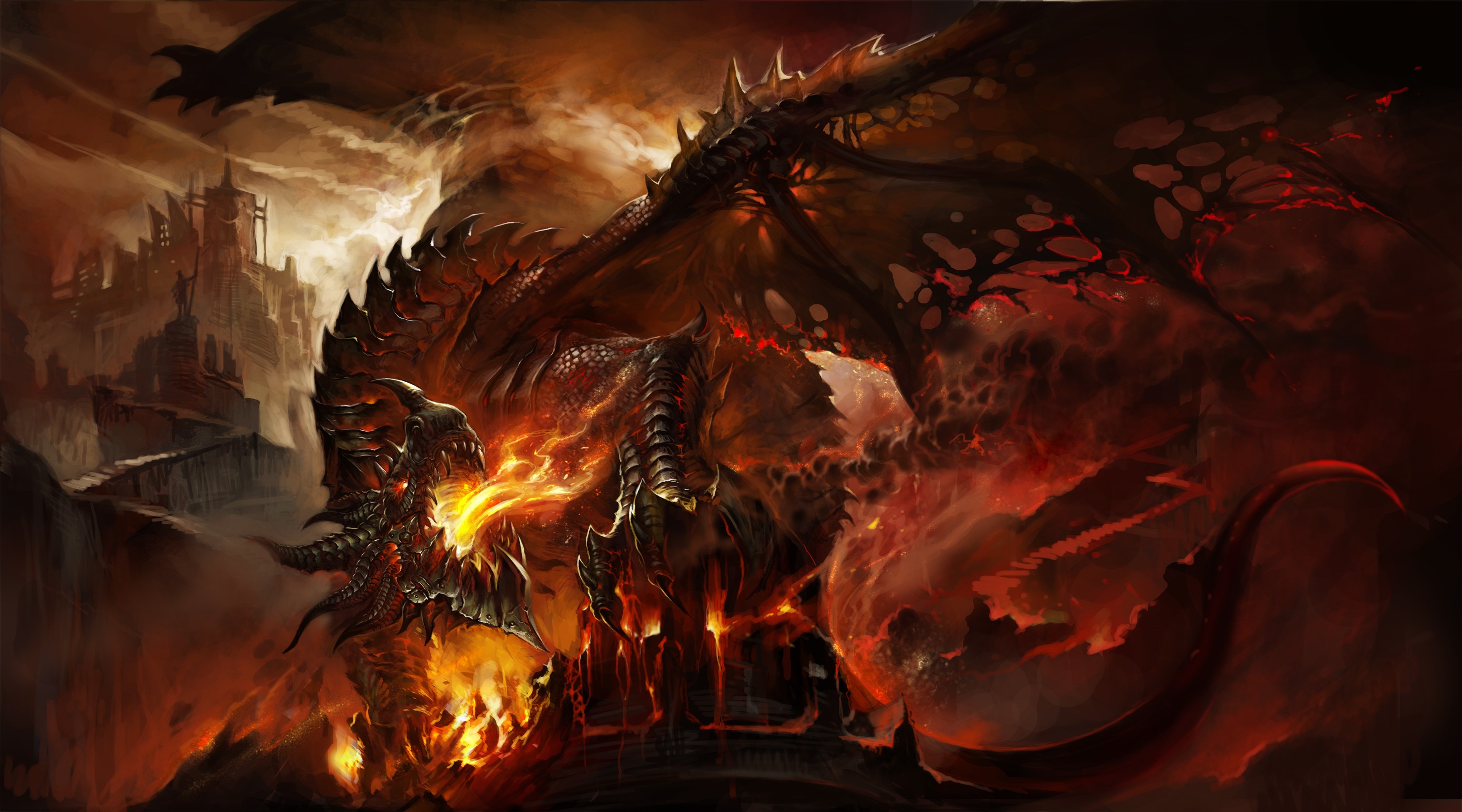 Dragon breathing fire in a fiery landscape HD Wallpaper