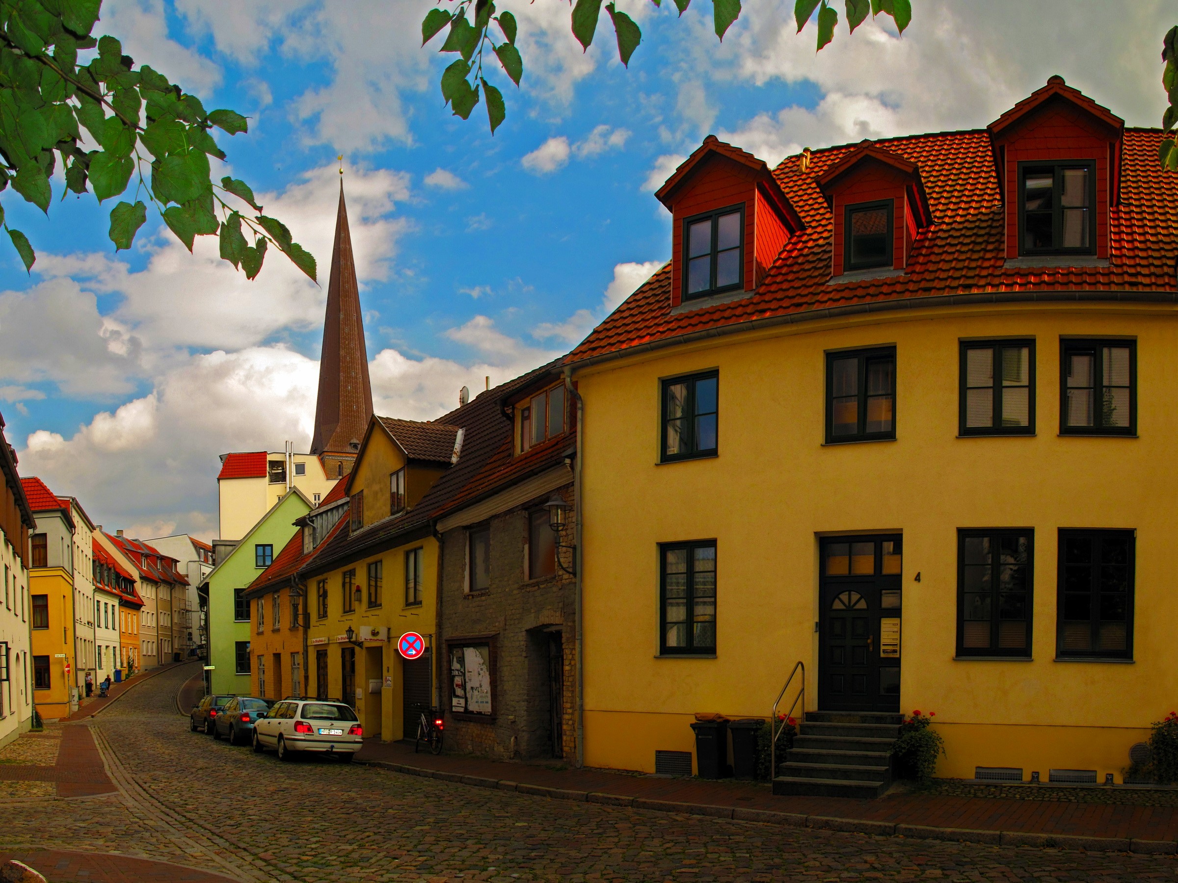 Street in Germany with Church Spire HD Wallpaper