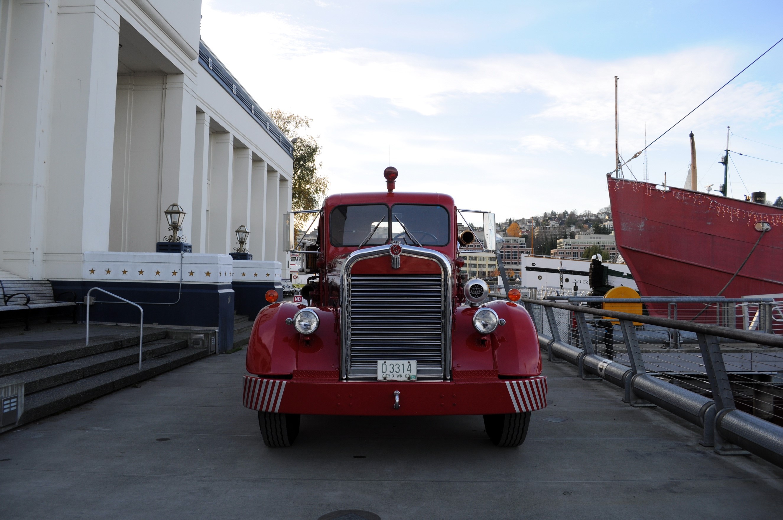 Red Kenworth Fire Truck at Waterfront HD Wallpaper