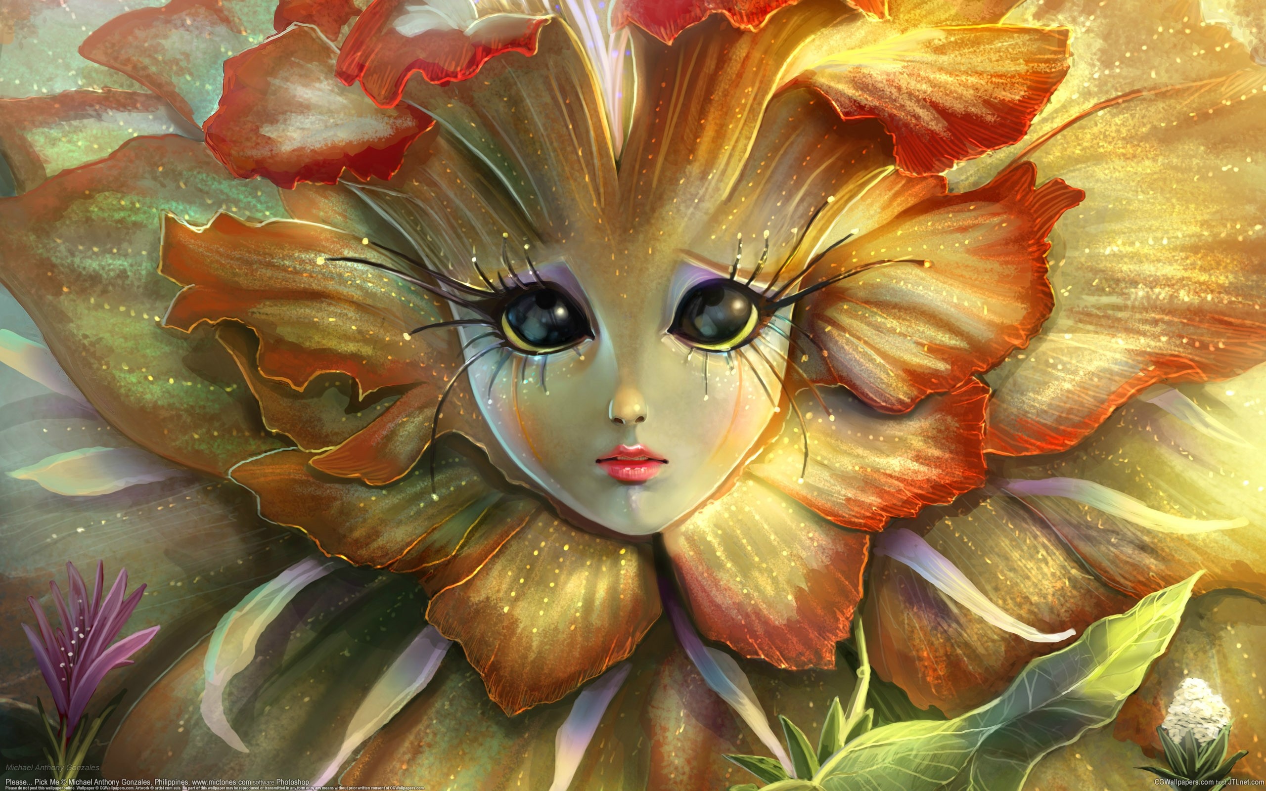 Flower fairy with large eyes and delicate petals HD Wallpaper