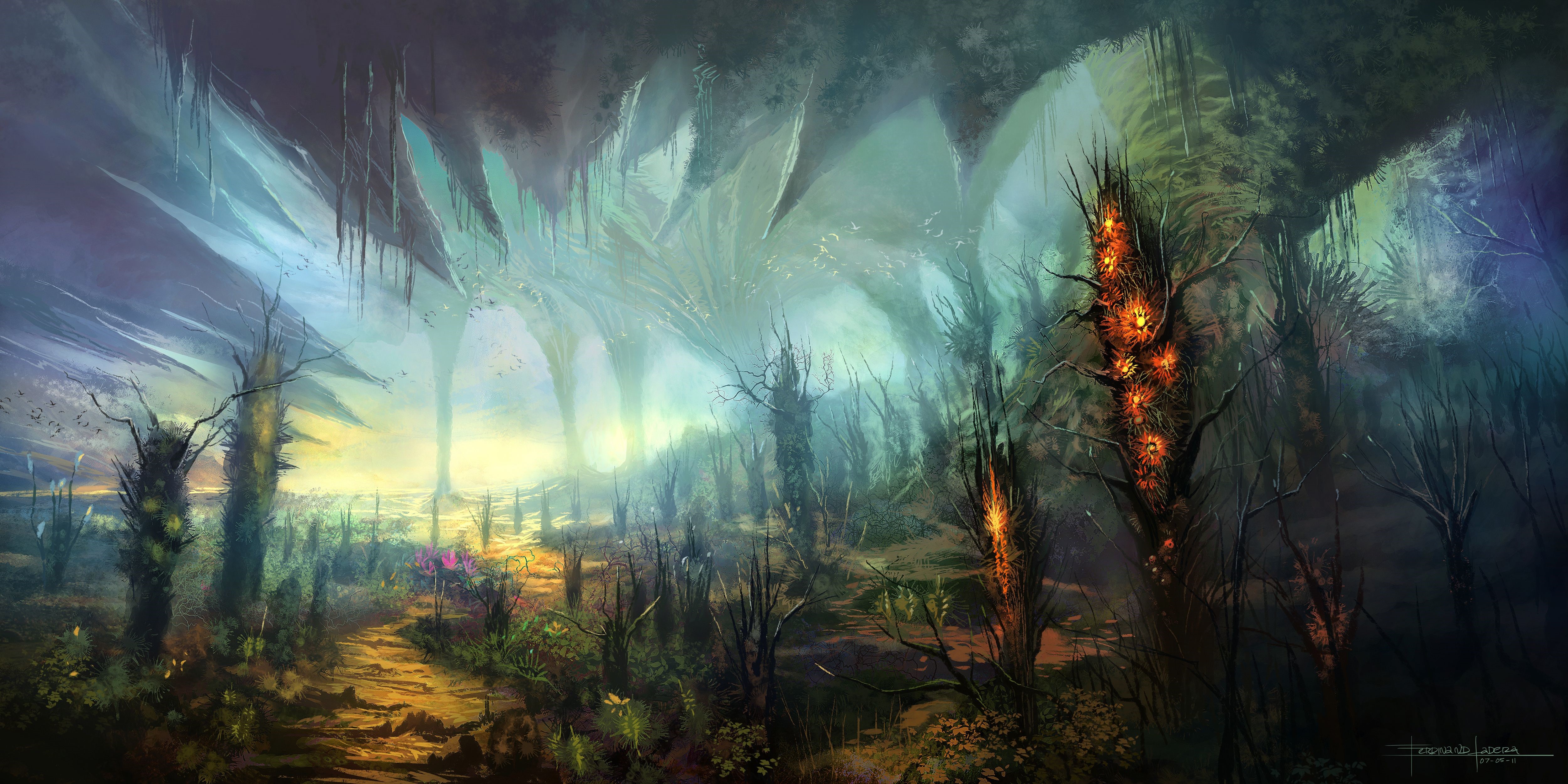 Fantastic world with glowing trees HD Wallpaper