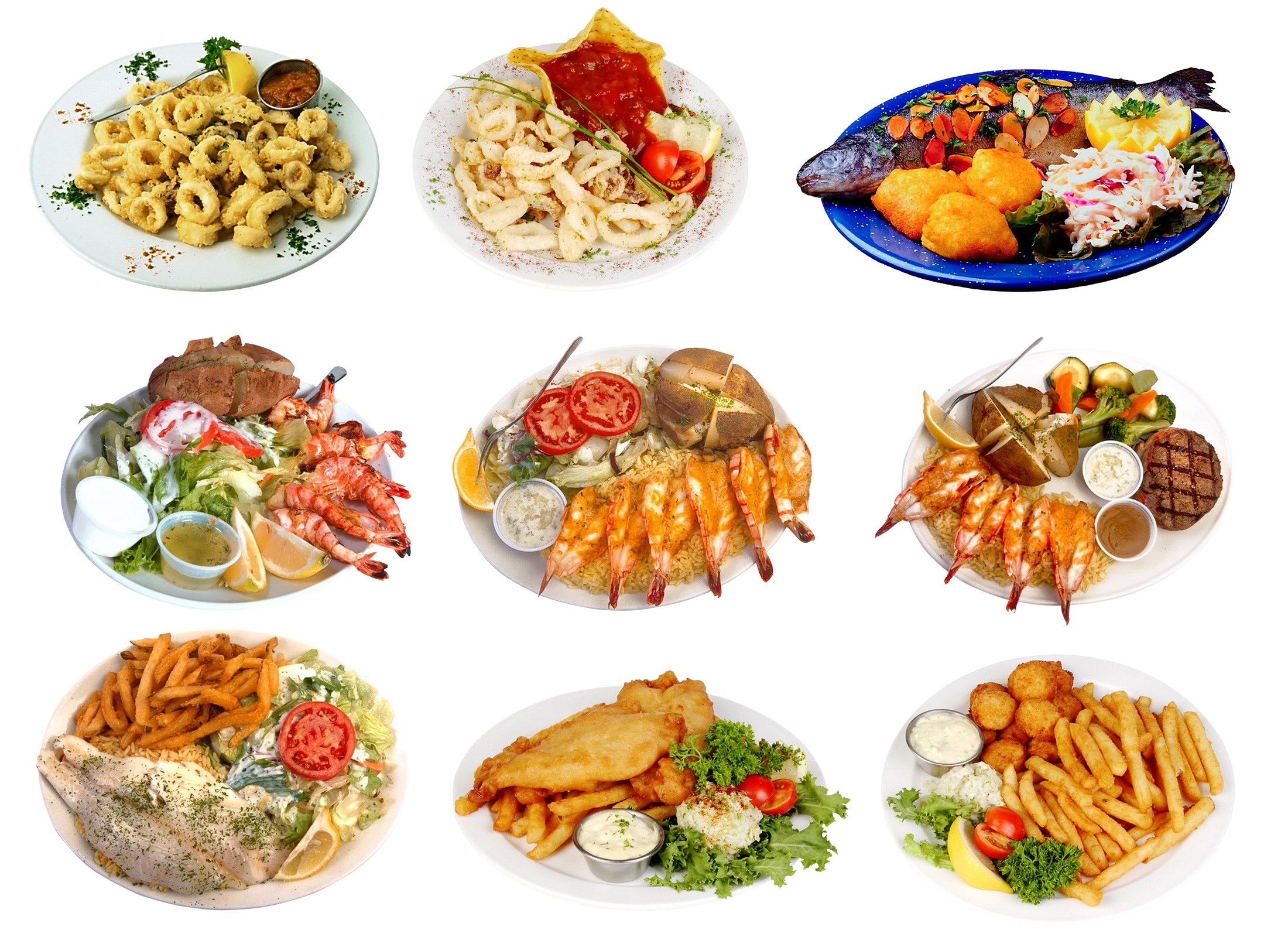 Assortment of seafood dishes including calamari, shrimp, and fish HD Wallpaper