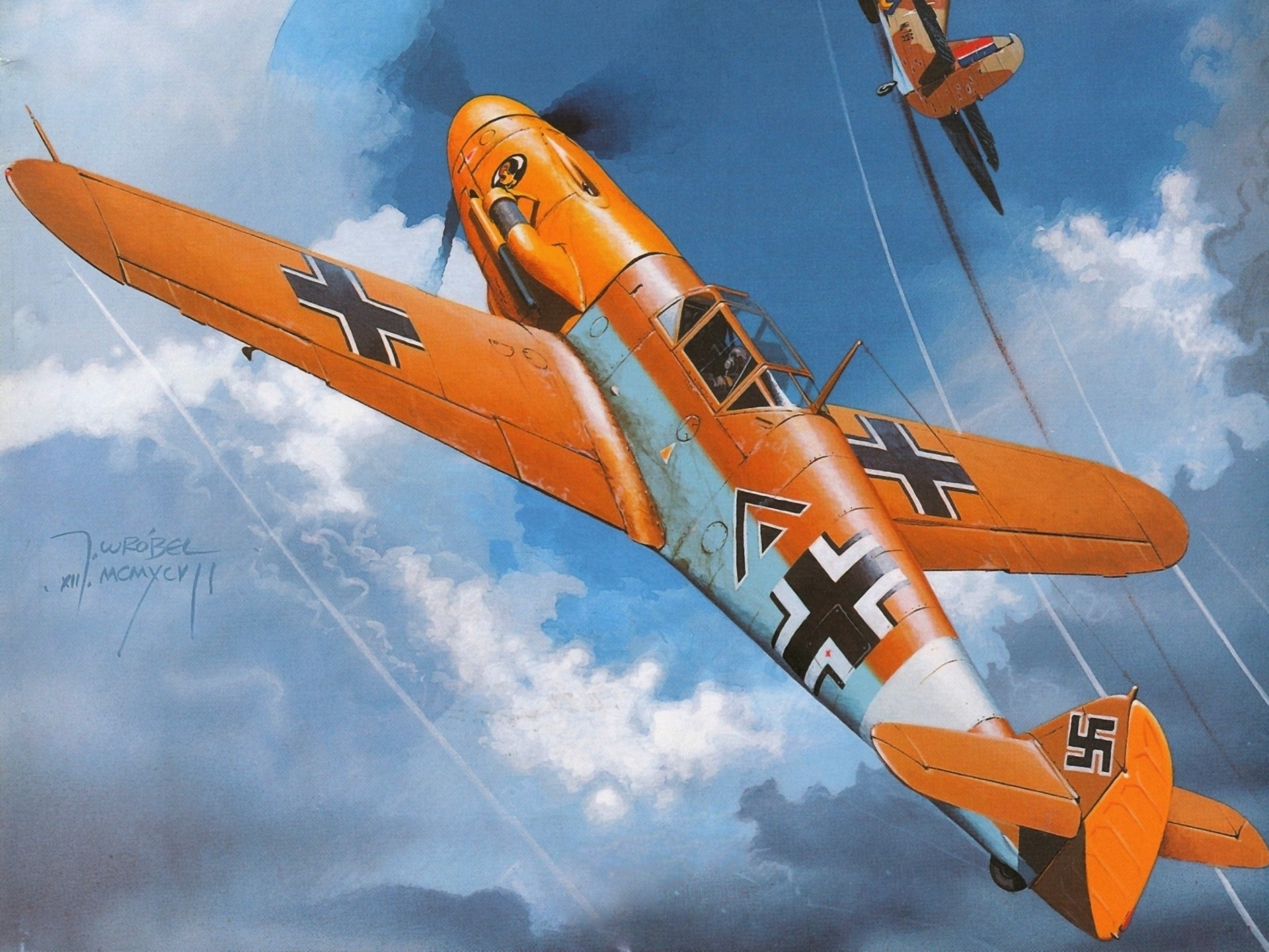 Painting of two World War II fighter planes in the sky HD Wallpaper