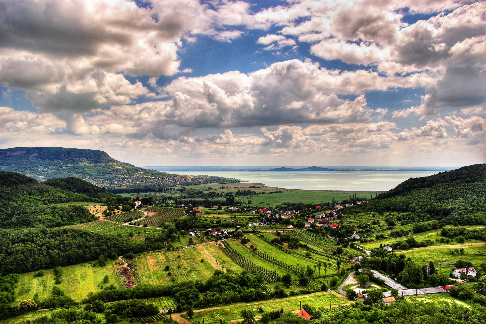 Lake Balaton, Hungary with rolling hills and villages HD Wallpaper