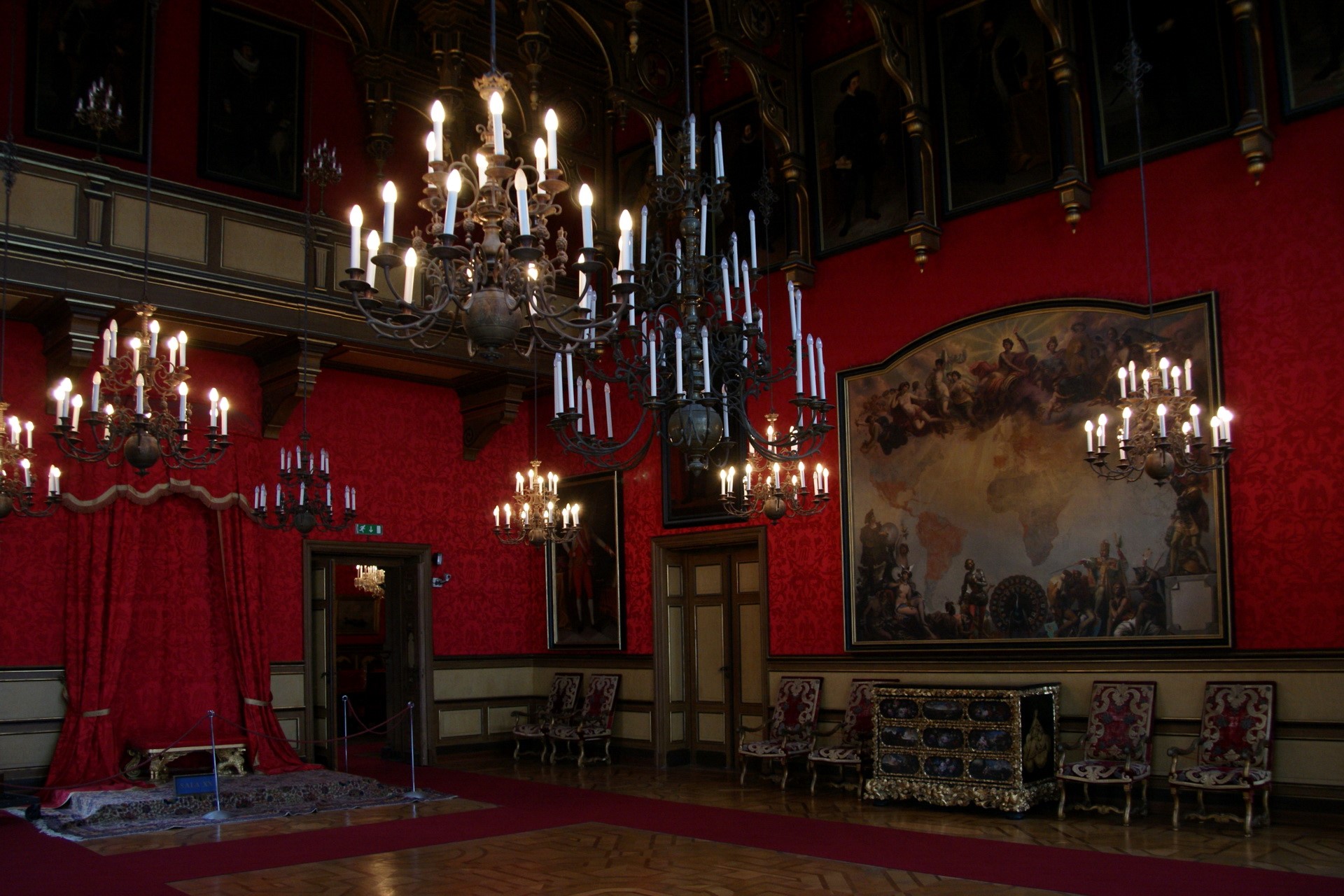Grand Hall with Chandeliers and Paintings HD Wallpaper