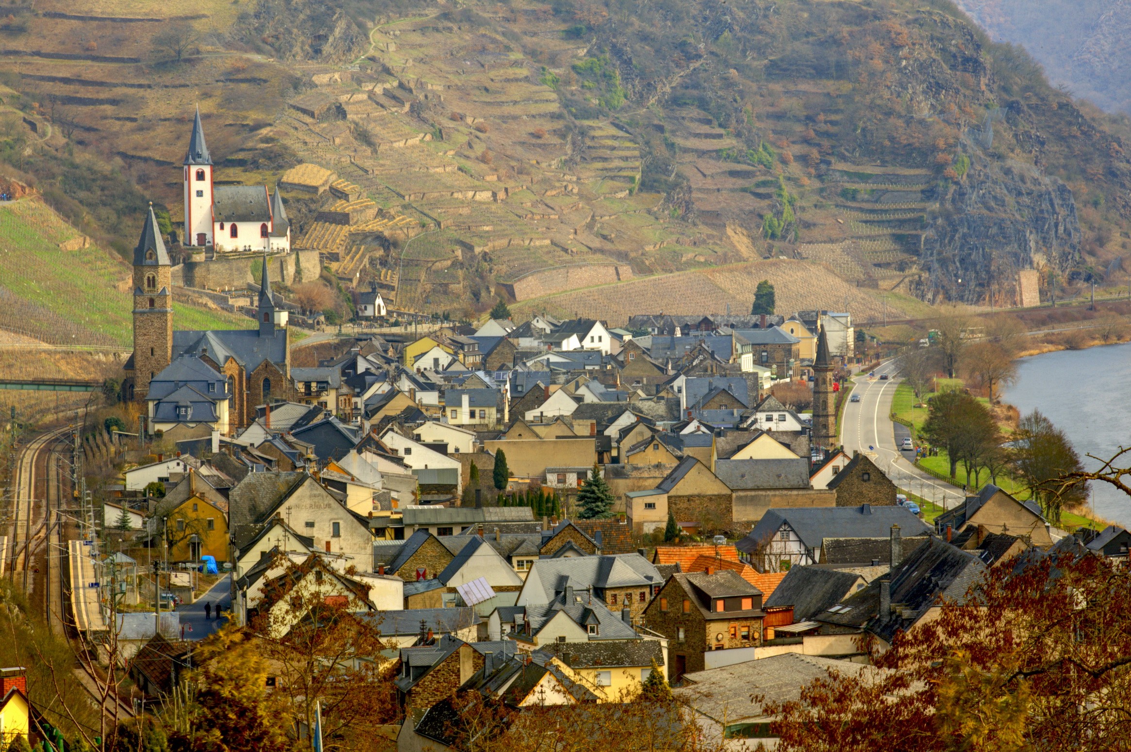 Village with churches and vineyards in Germany HD Wallpaper