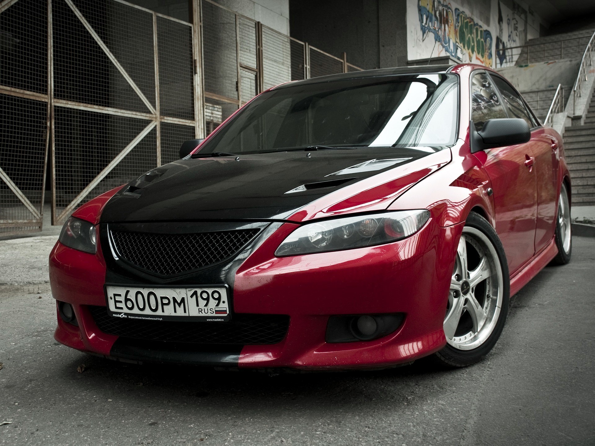 Red Mazda 6 with black hood and custom grille HD Wallpaper