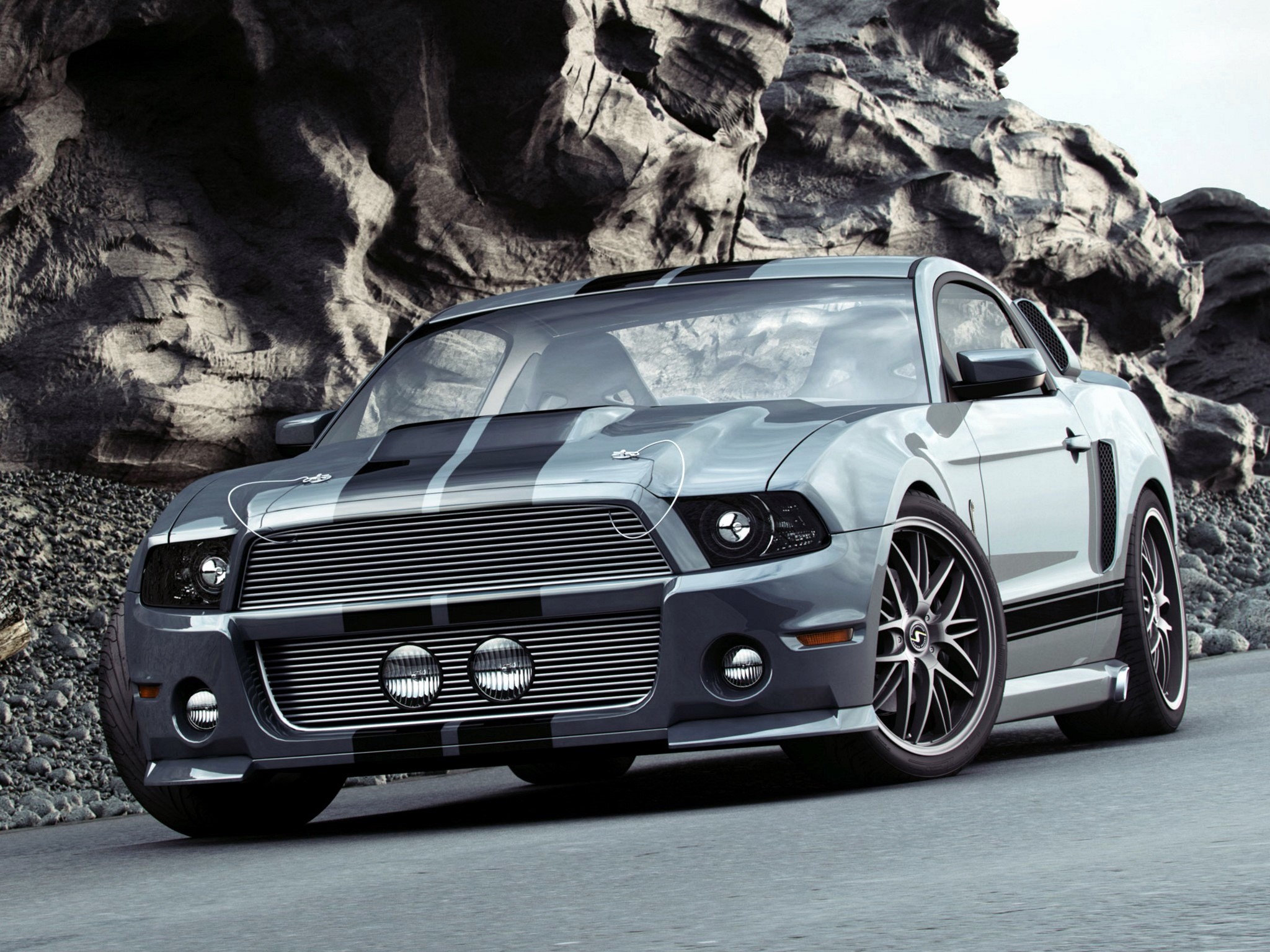 Gray Ford Mustang with Black Stripes HD Wallpaper