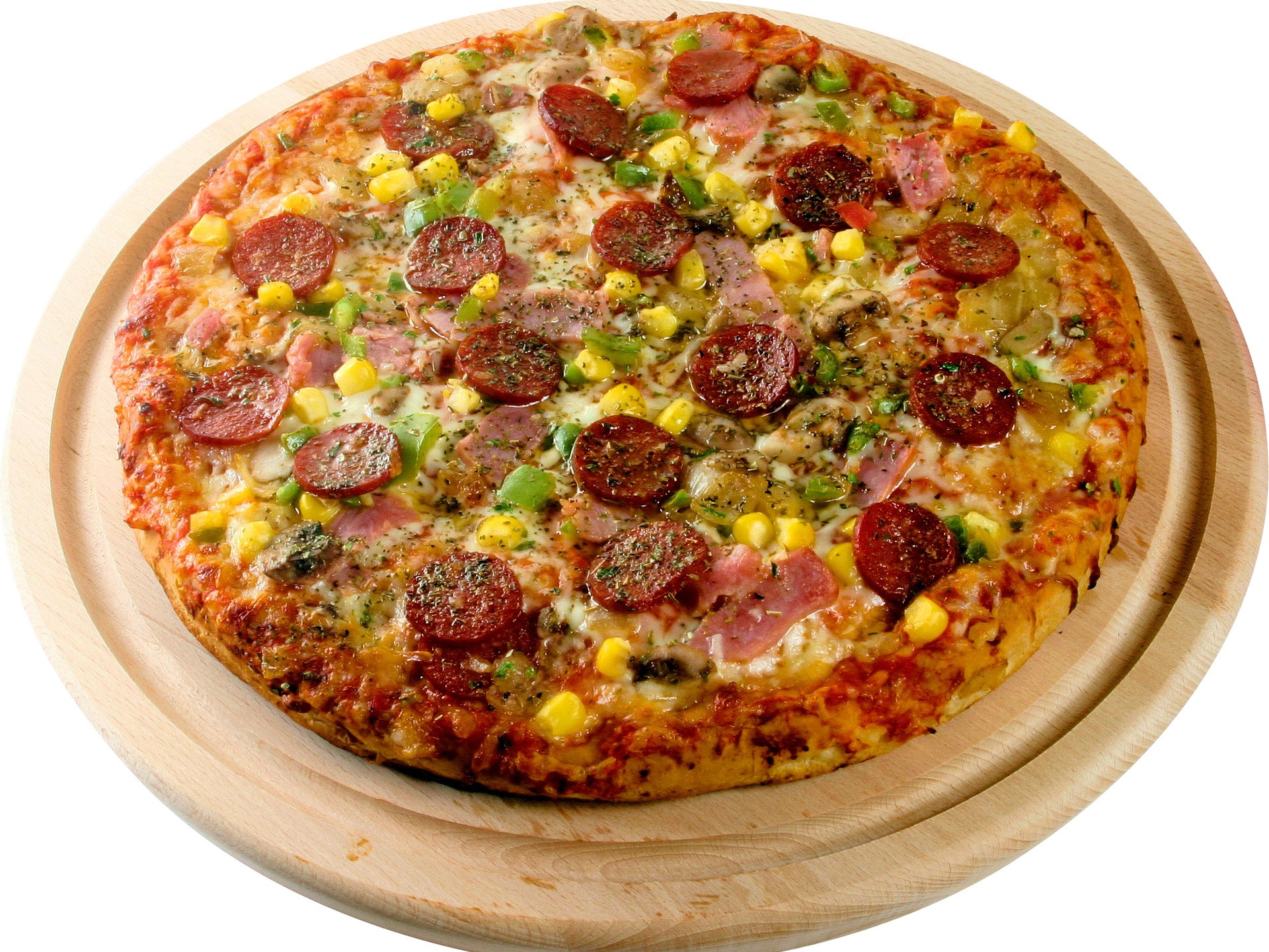 Pizza with pepperoni, corn, and ham HD Wallpaper