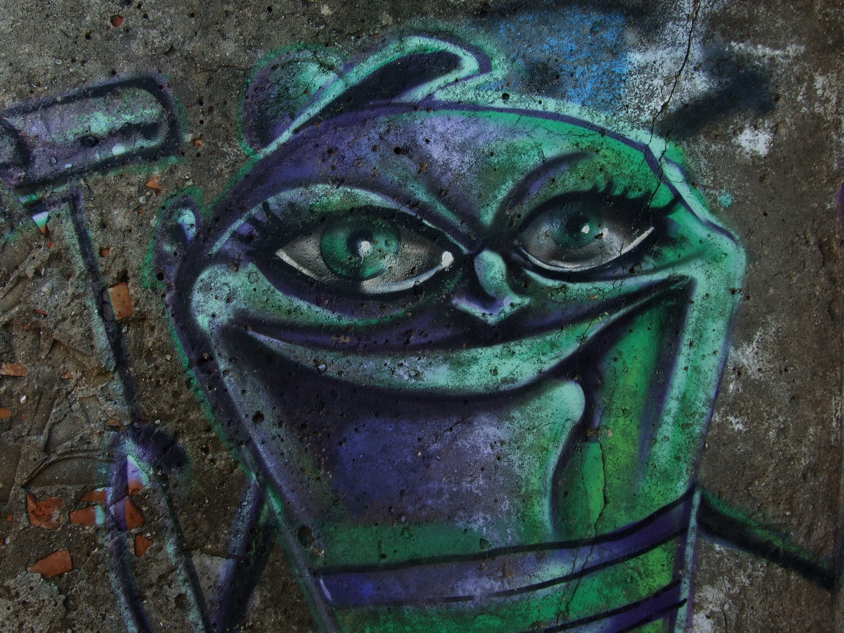 Graffiti of a green and purple cartoon character face HD Wallpaper