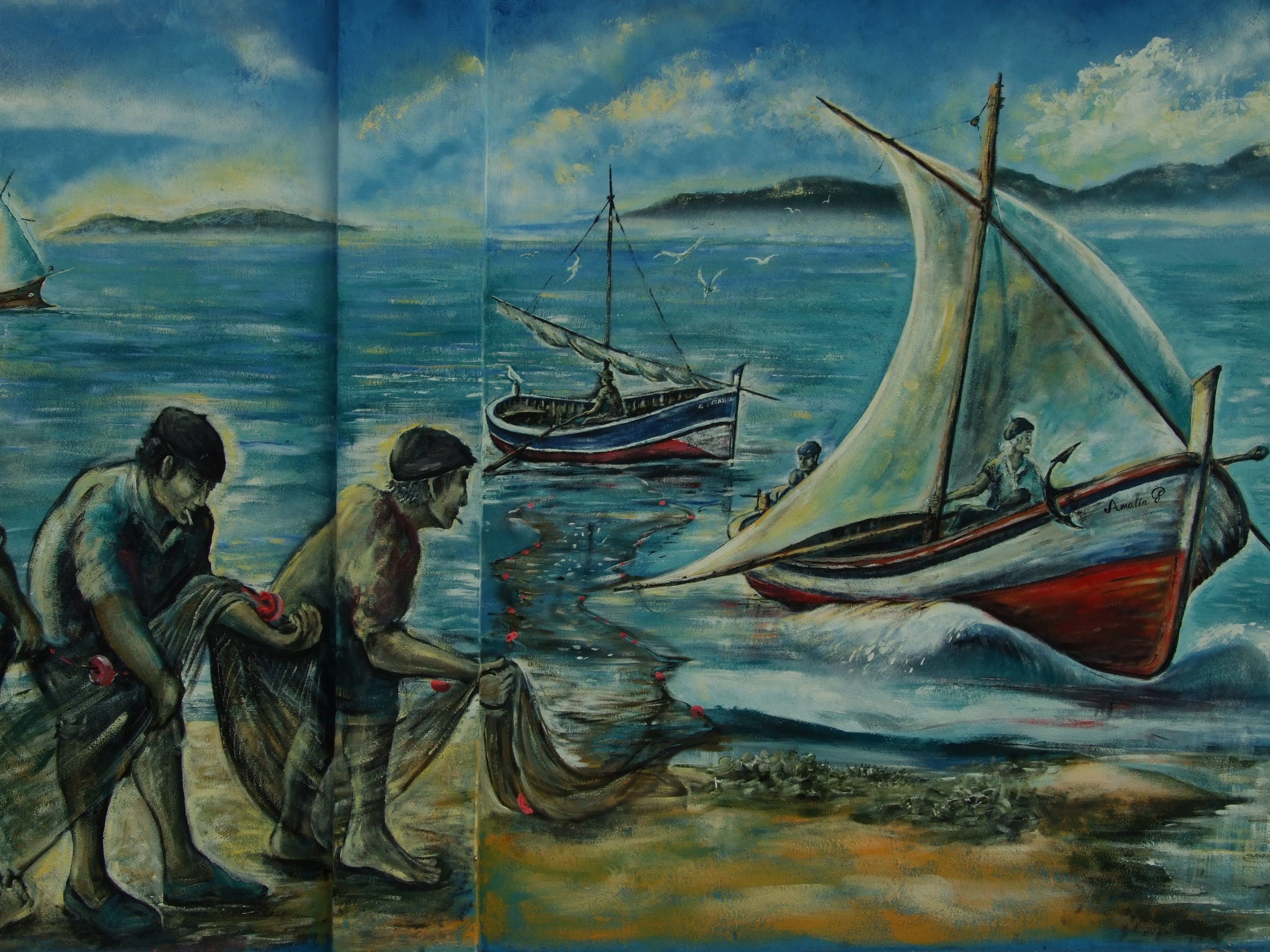 Fishermen with nets and boats on the sea HD Wallpaper