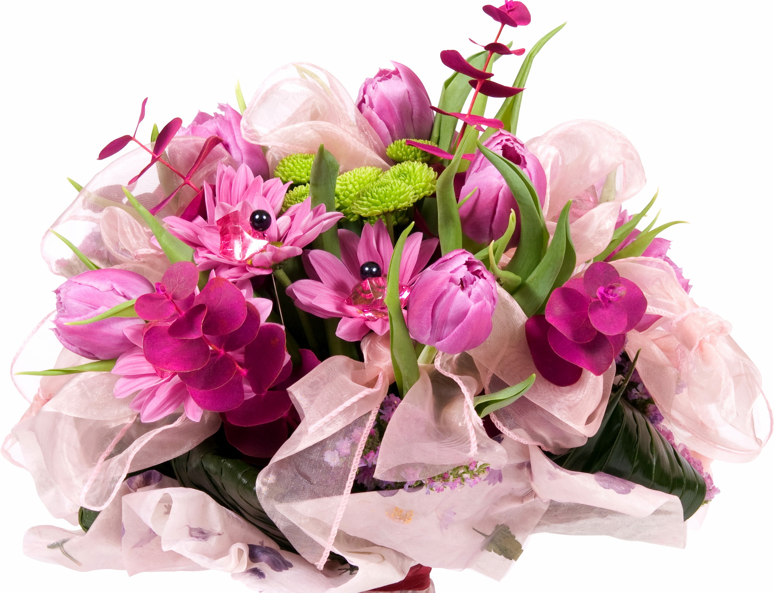 Pink and purple floral arrangement with ribbons HD Wallpaper