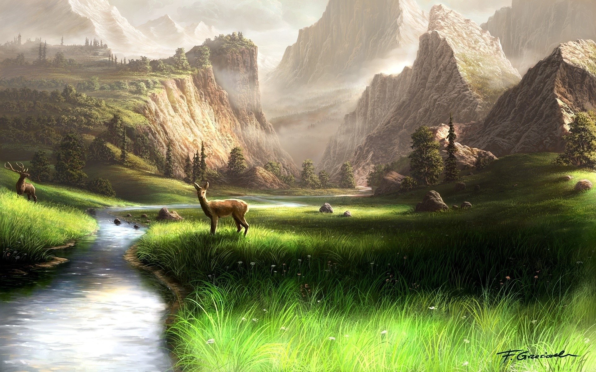 Deer in a mountain valley with a stream HD Wallpaper